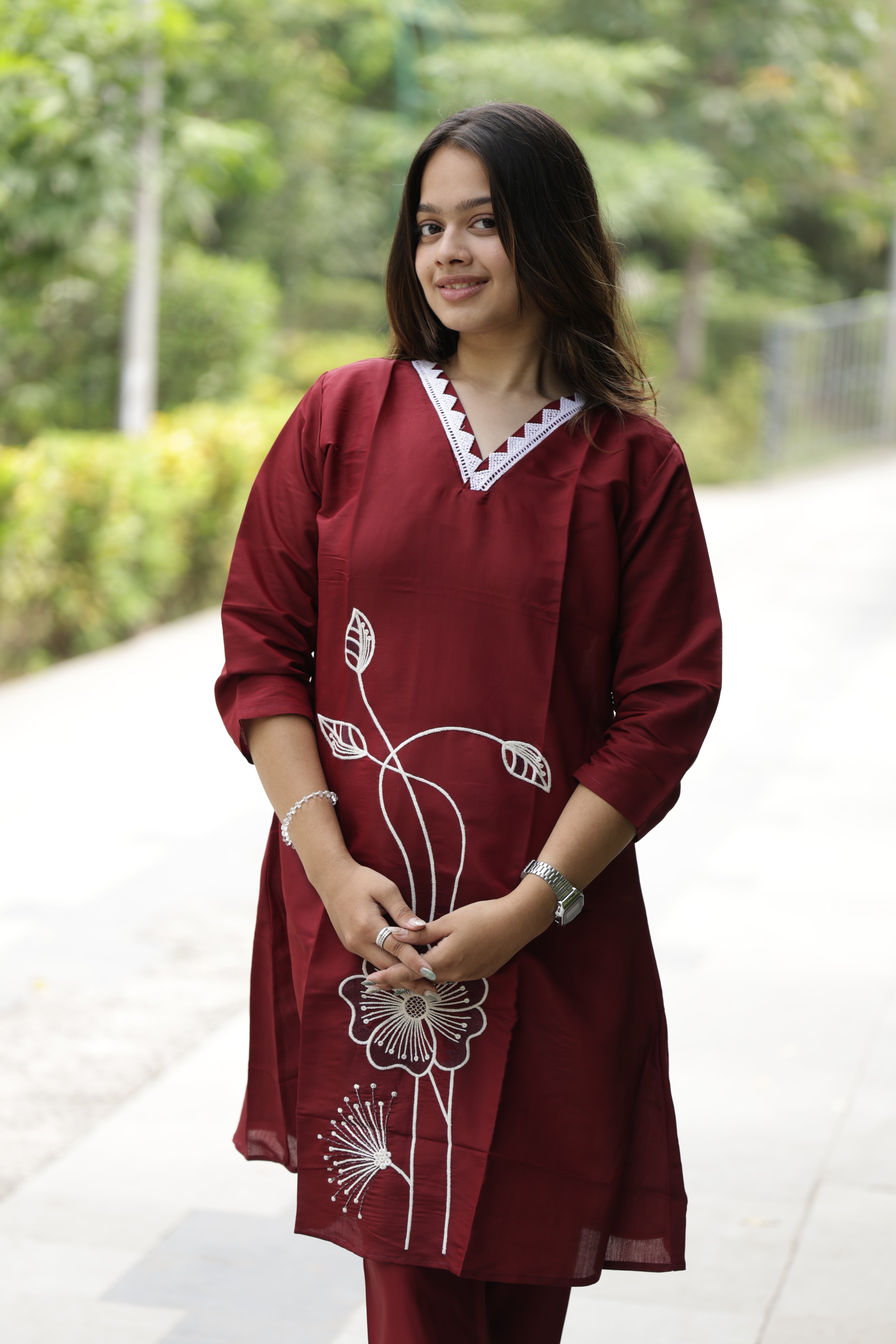 Women’s Maroon Embroidered Straight Kurta Pant Set with V-Neck