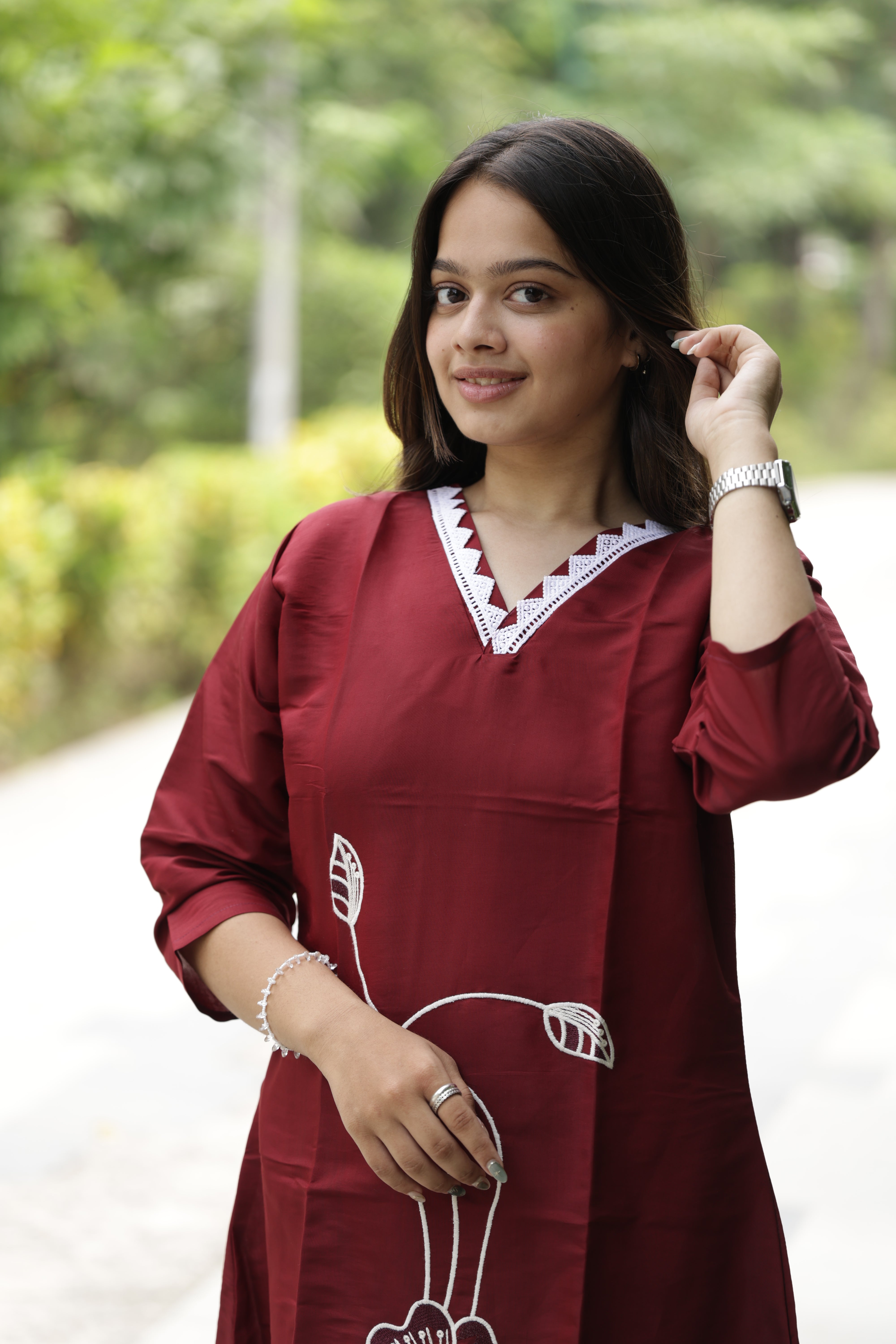 Women’s Maroon Embroidered Straight Kurta Pant Set with V-Neck