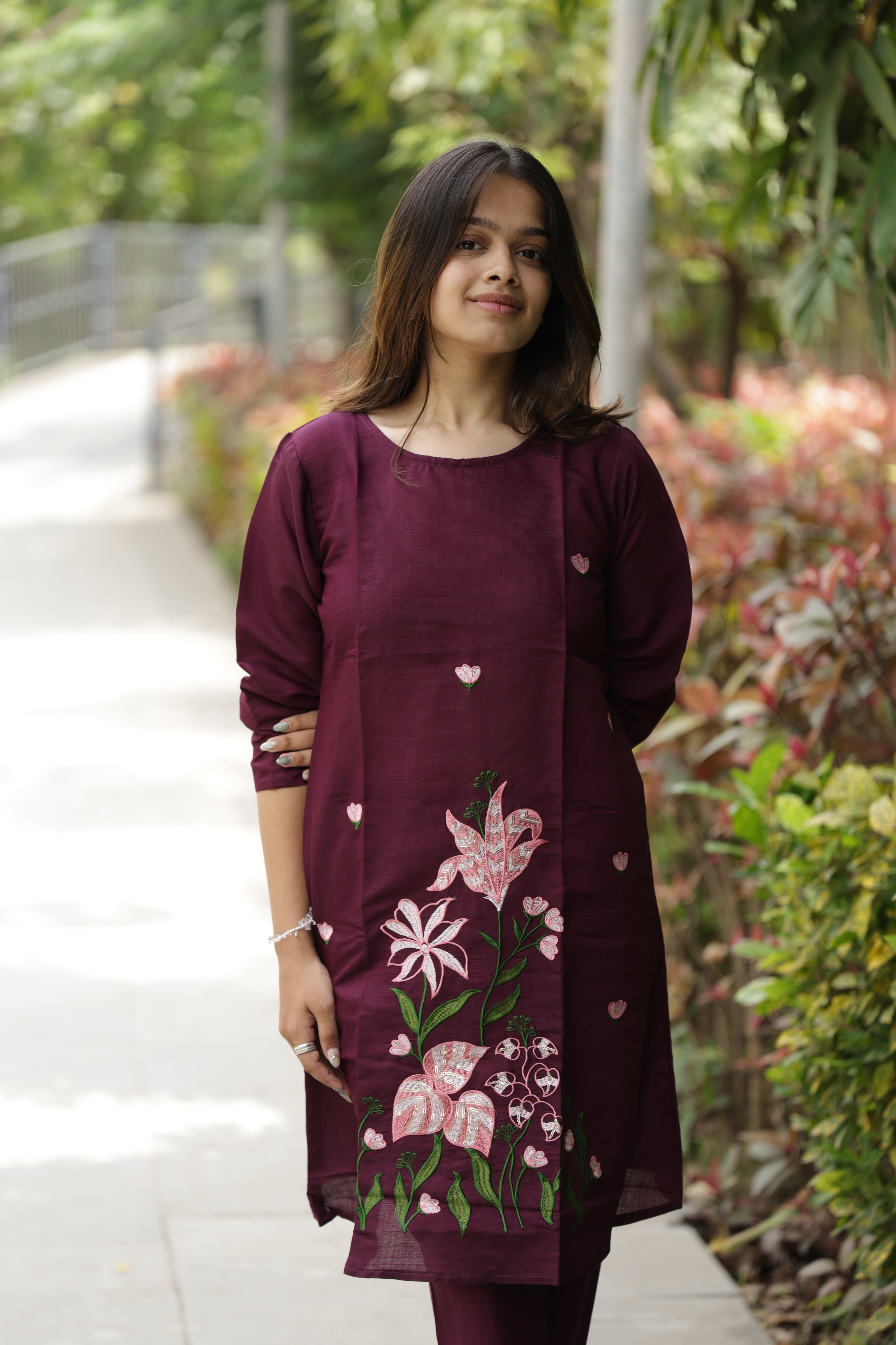 Women’s Wine Embroidered Straight Kurta Pant Set with Floral Design