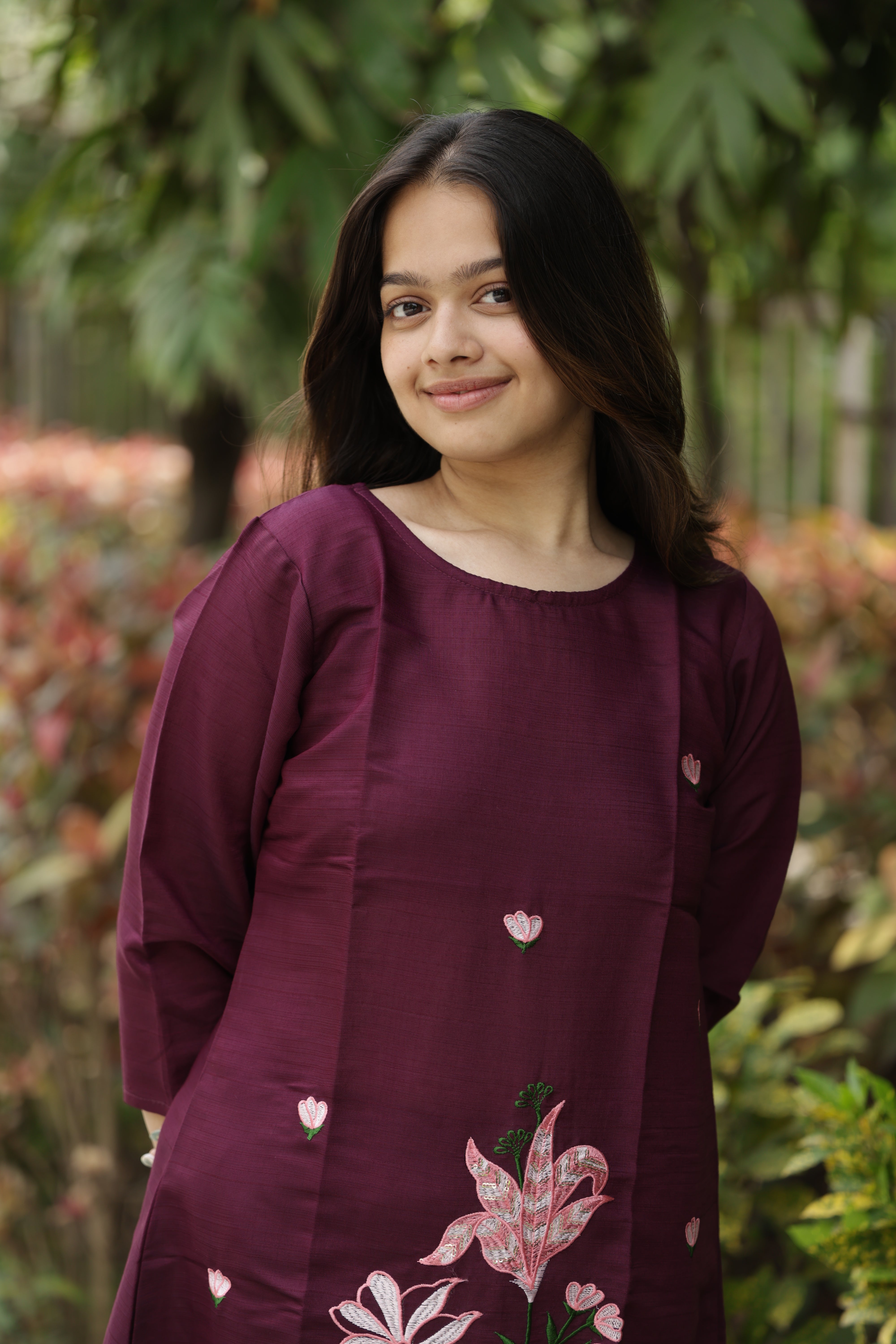 Women’s Wine Embroidered Straight Kurta Pant Set with Floral Design