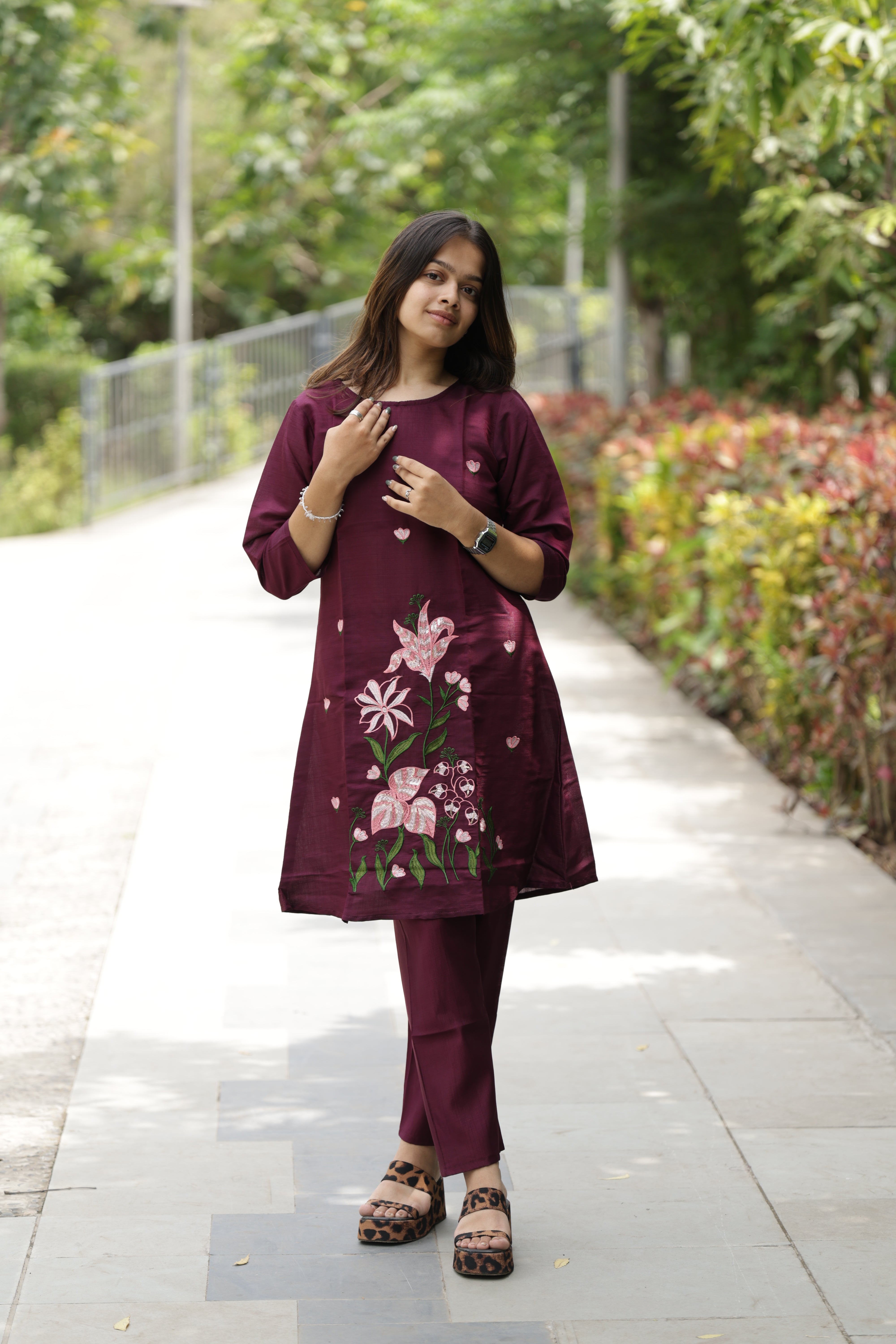 Women’s Wine Embroidered Straight Kurta Pant Set with Floral Design