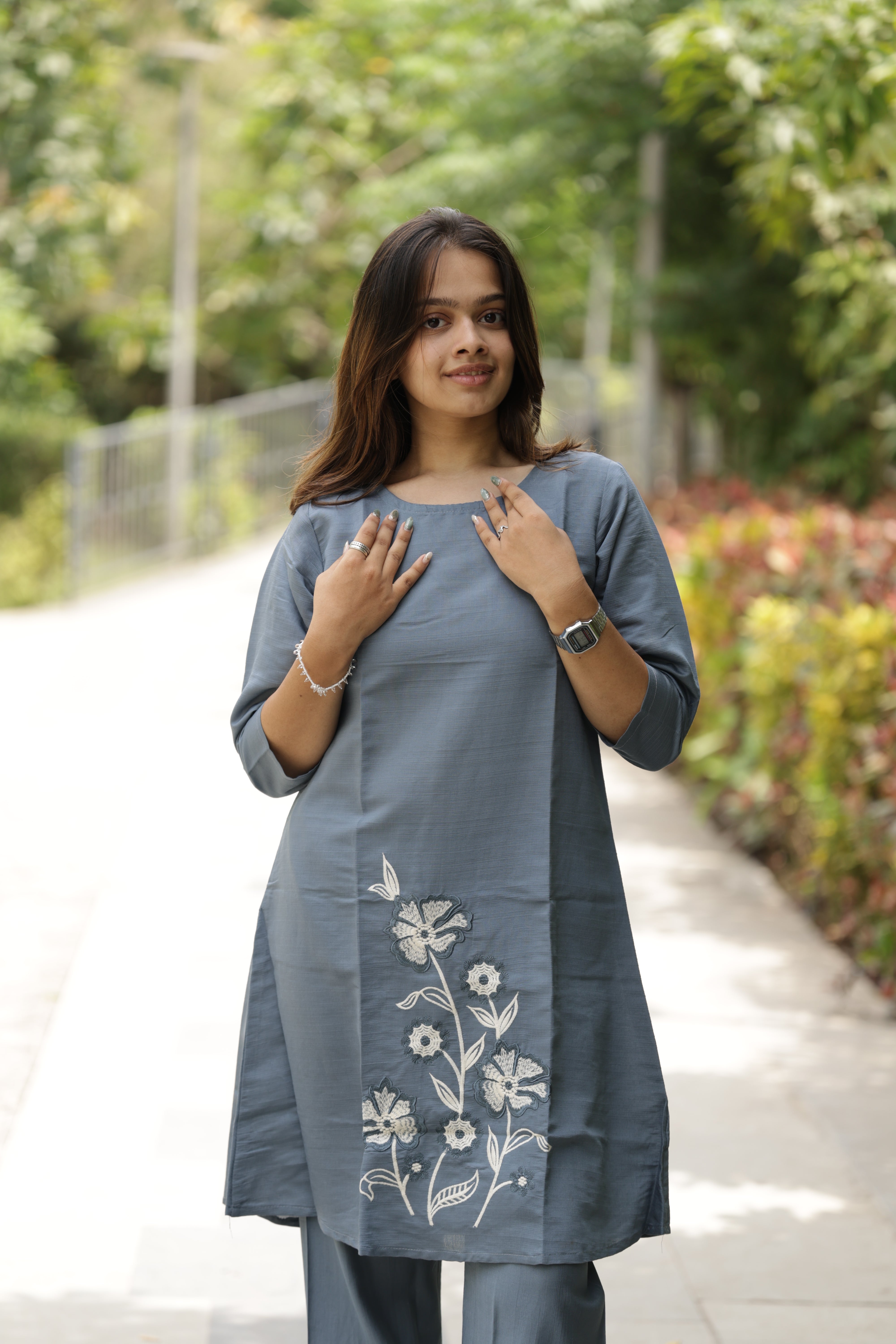 Women’s Grey Embroidered Straight Kurta Pant Set