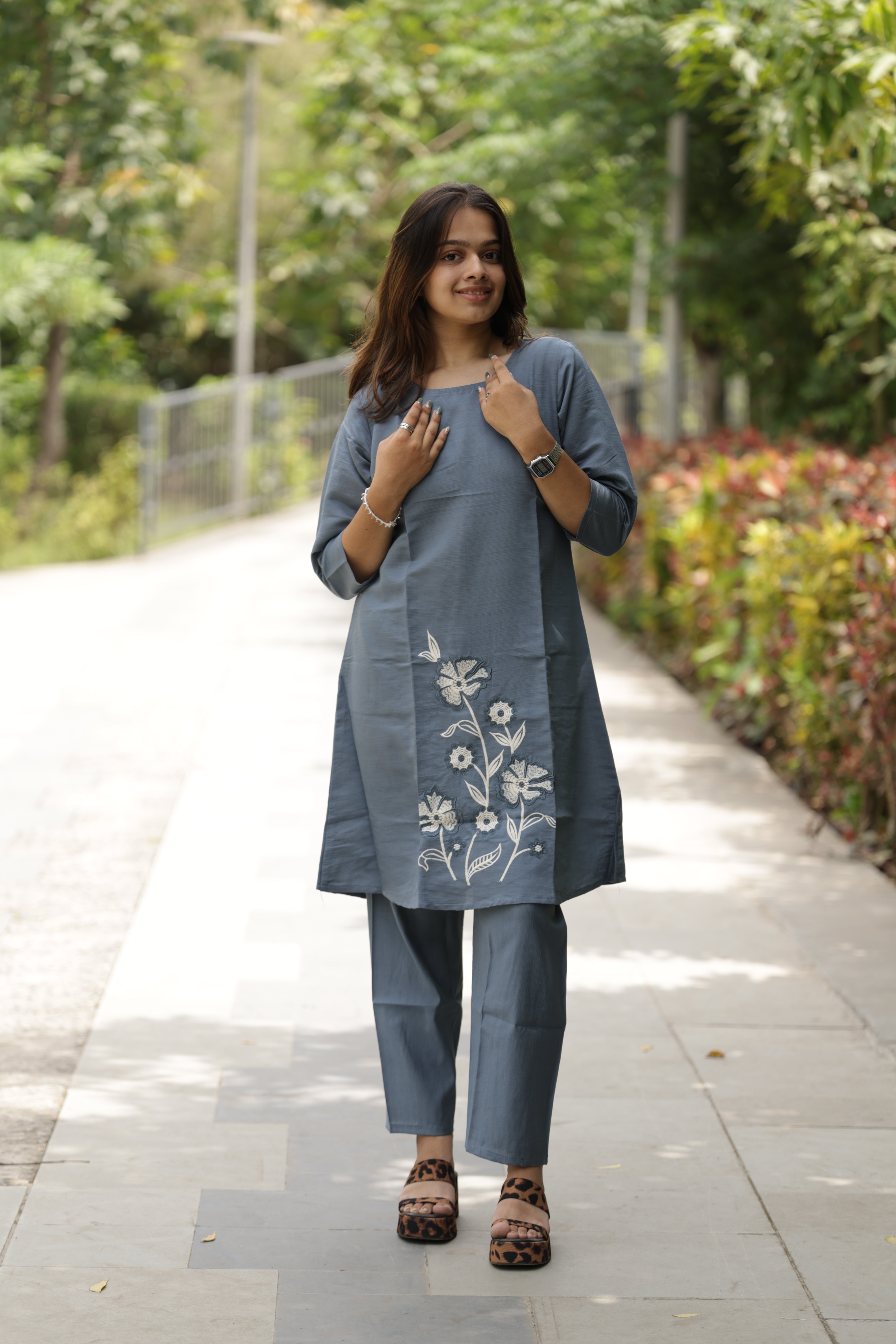 Women’s Grey Embroidered Straight Kurta Pant Set