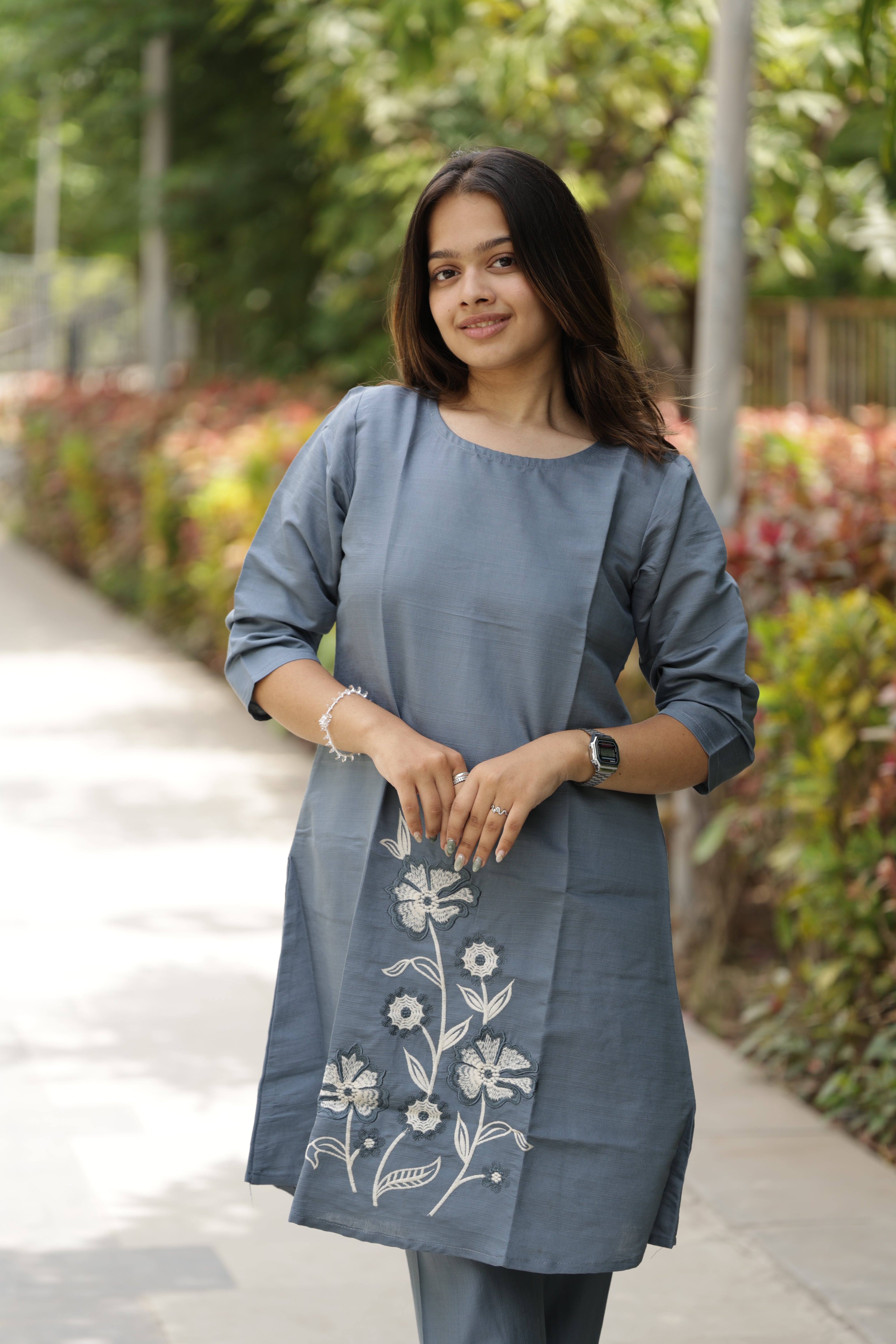 Women’s Grey Embroidered Straight Kurta Pant Set