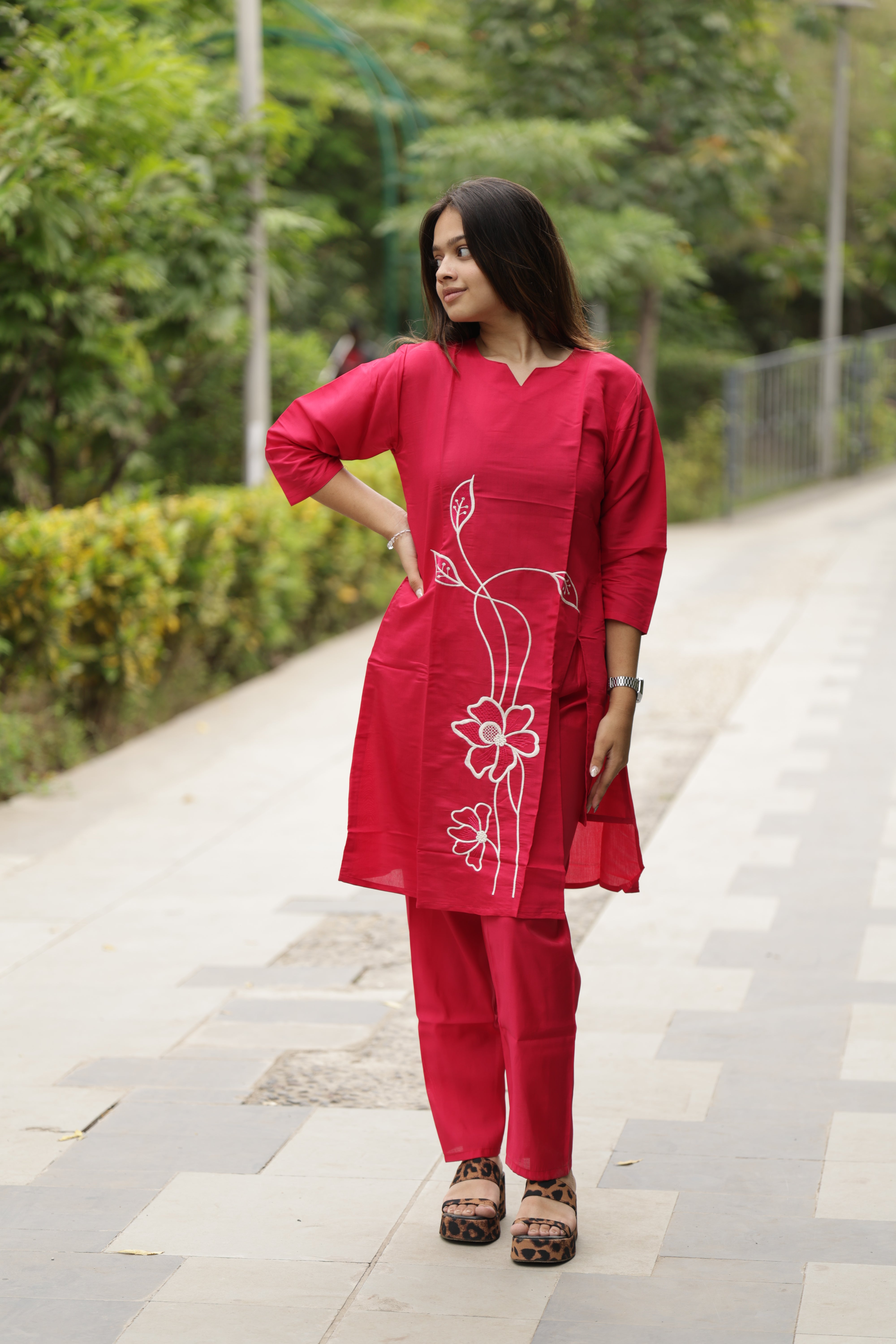 Women’s Red Embroidered Straight Kurta Pant Set with 3/4th Sleeves