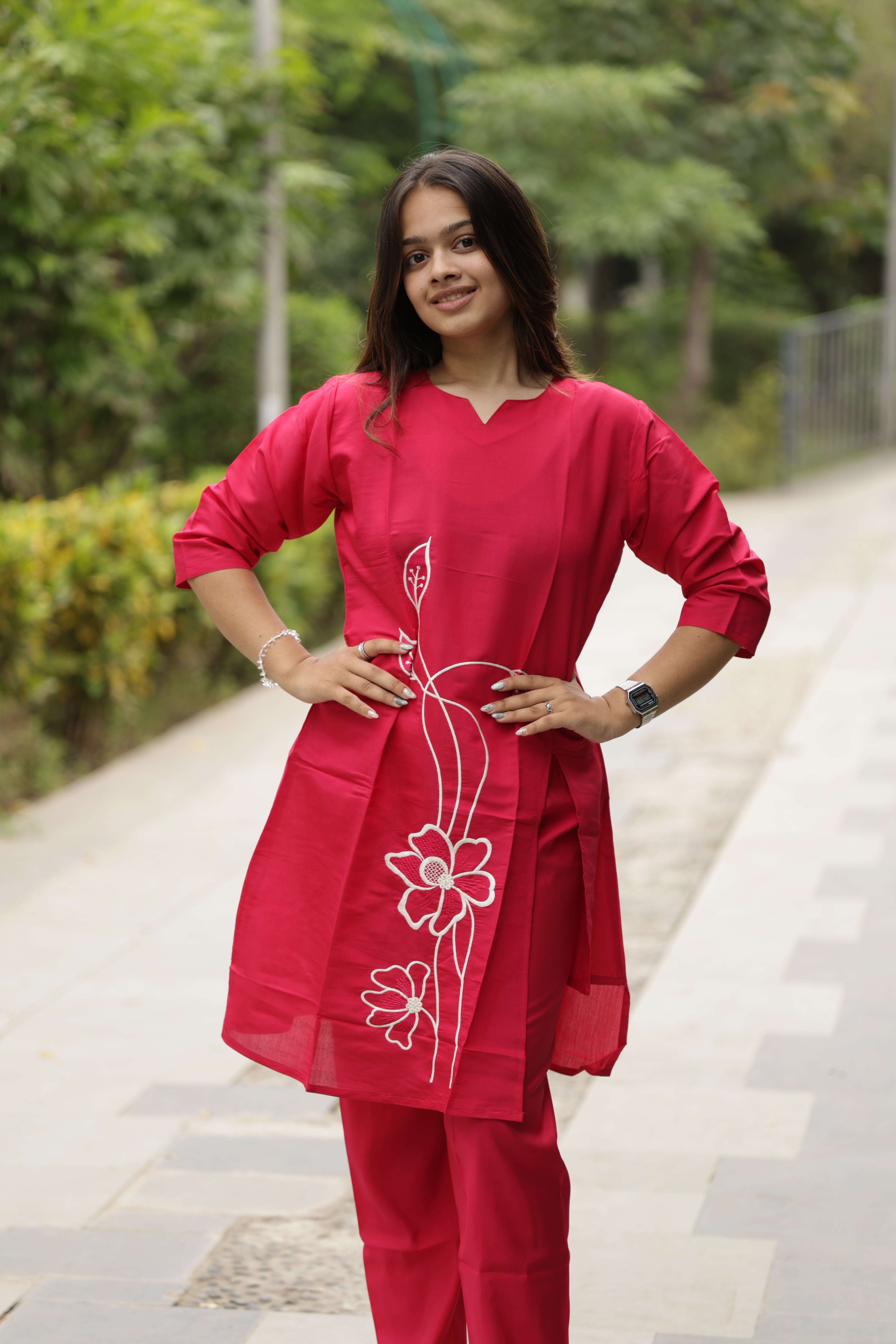 Women’s Red Embroidered Straight Kurta Pant Set with 3/4th Sleeves