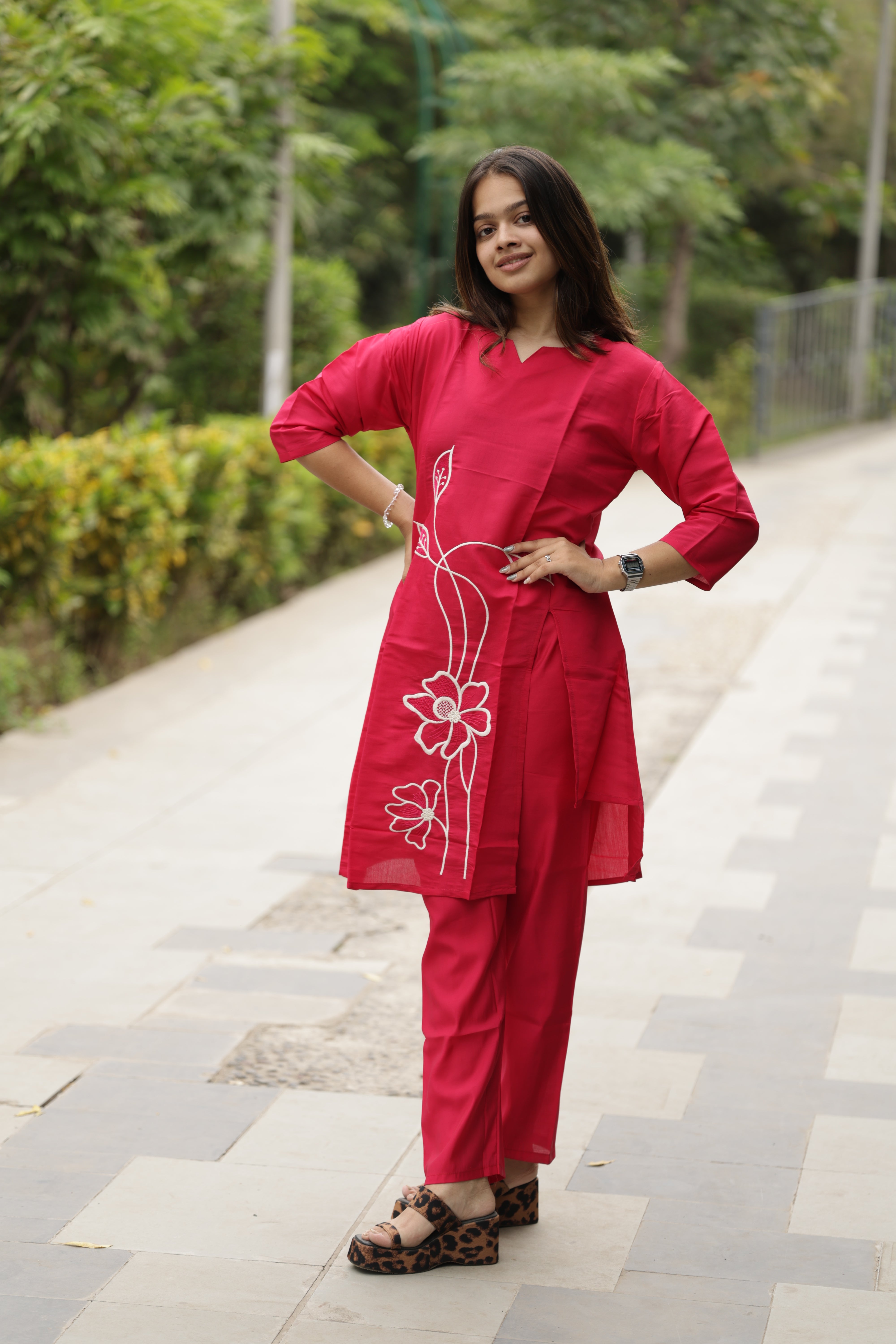 Women’s Red Embroidered Straight Kurta Pant Set with 3/4th Sleeves