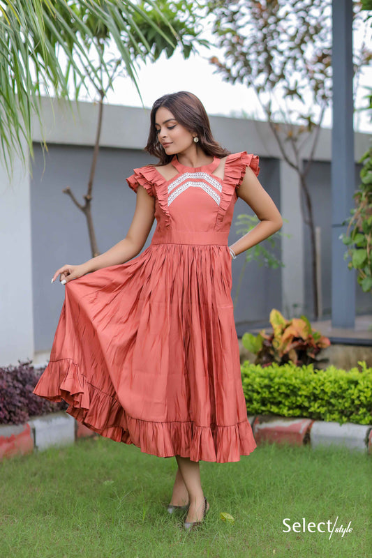 Orange Ruffle Pattern Maxi Dress