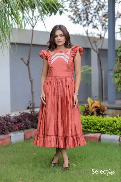 Orange Ruffle Pattern Maxi Dress