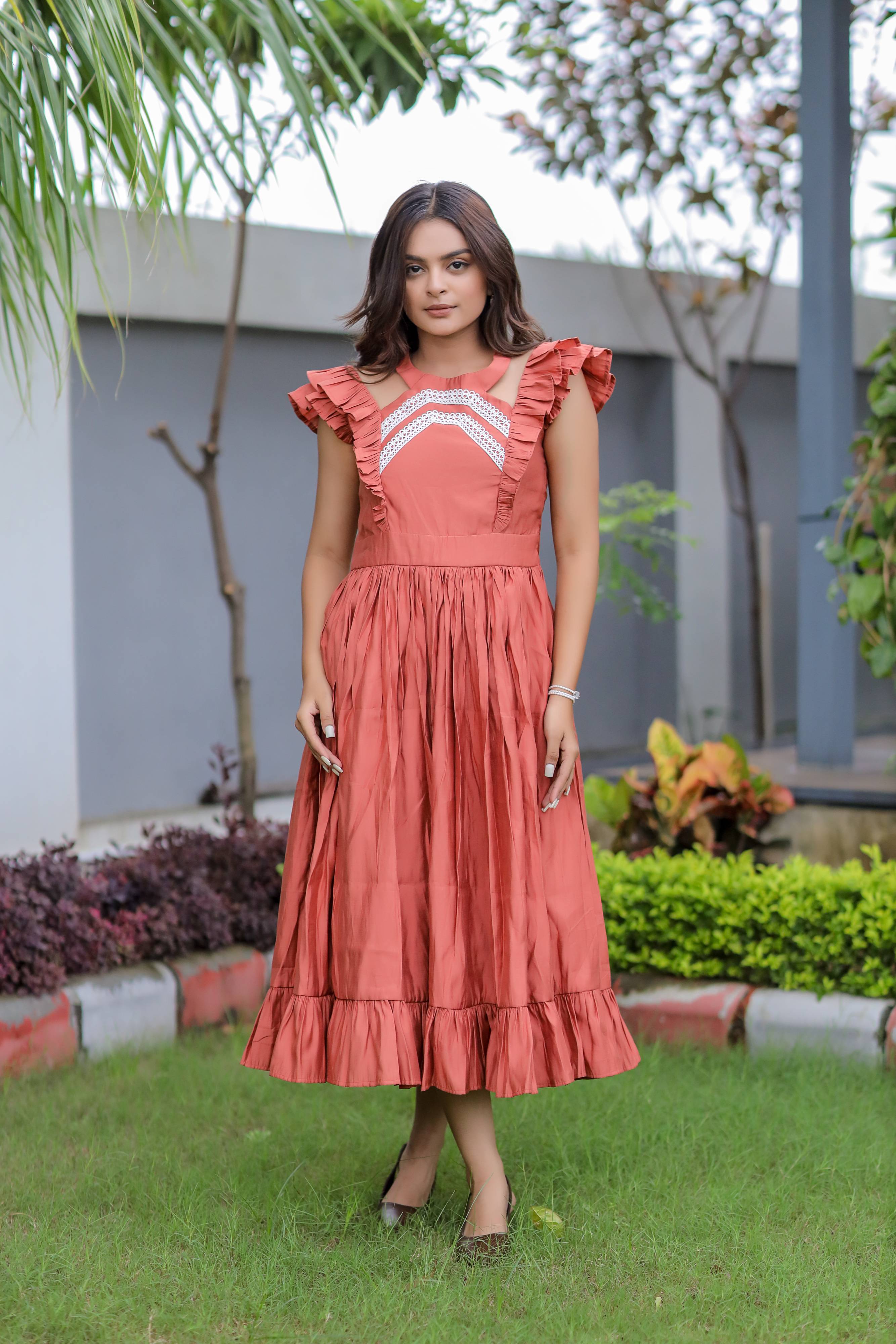 Orange Ruffle Pattern Maxi Dress