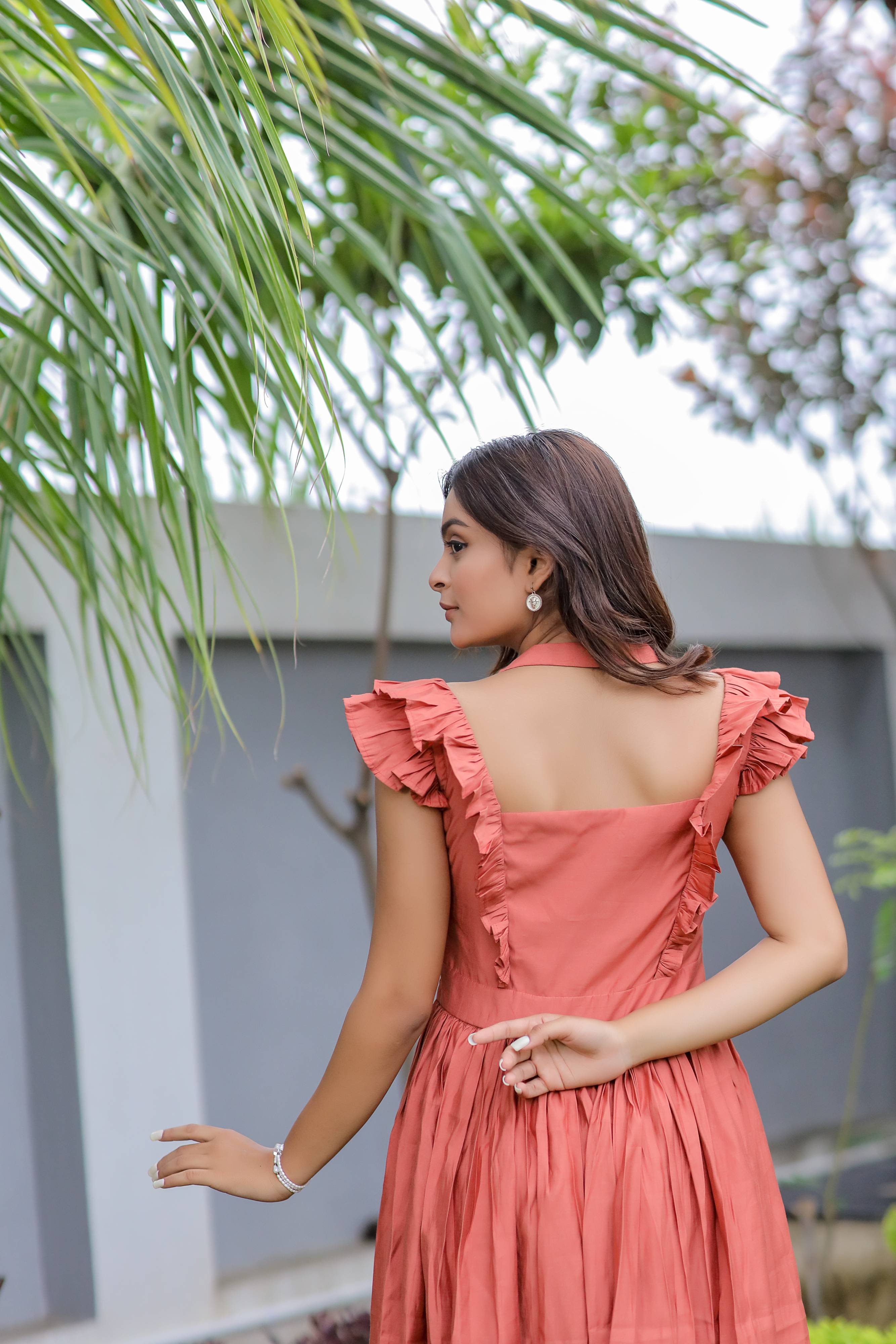 Orange Ruffle Pattern Maxi Dress