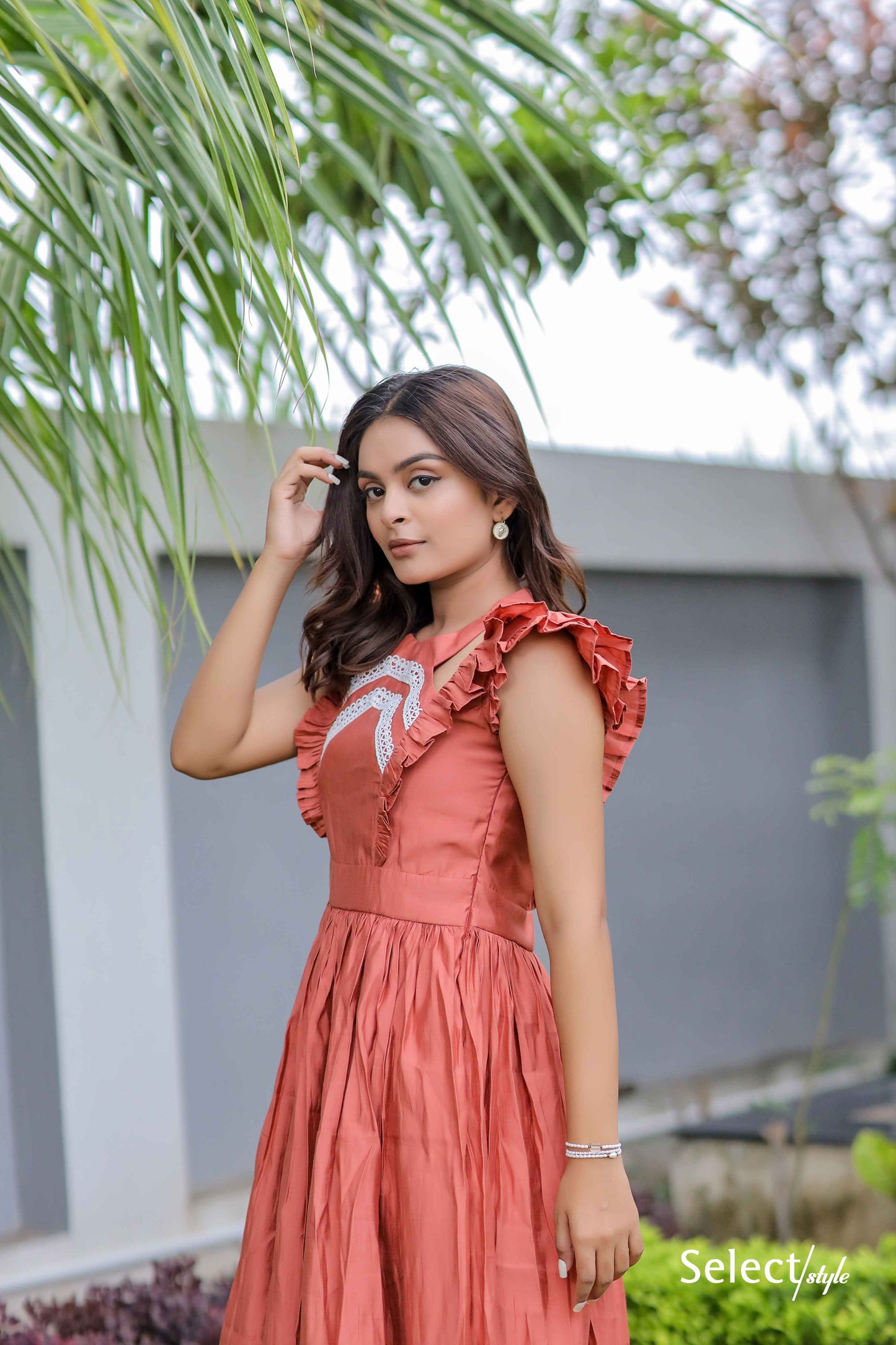 Orange Ruffle Pattern Maxi Dress