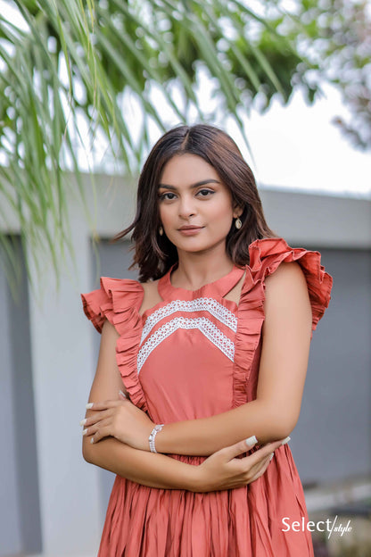 Orange Ruffle Pattern Maxi Dress