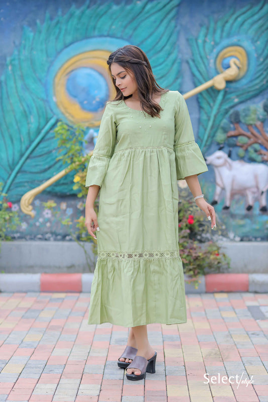 Olive Green Balloon Sleeves Maxi Dress