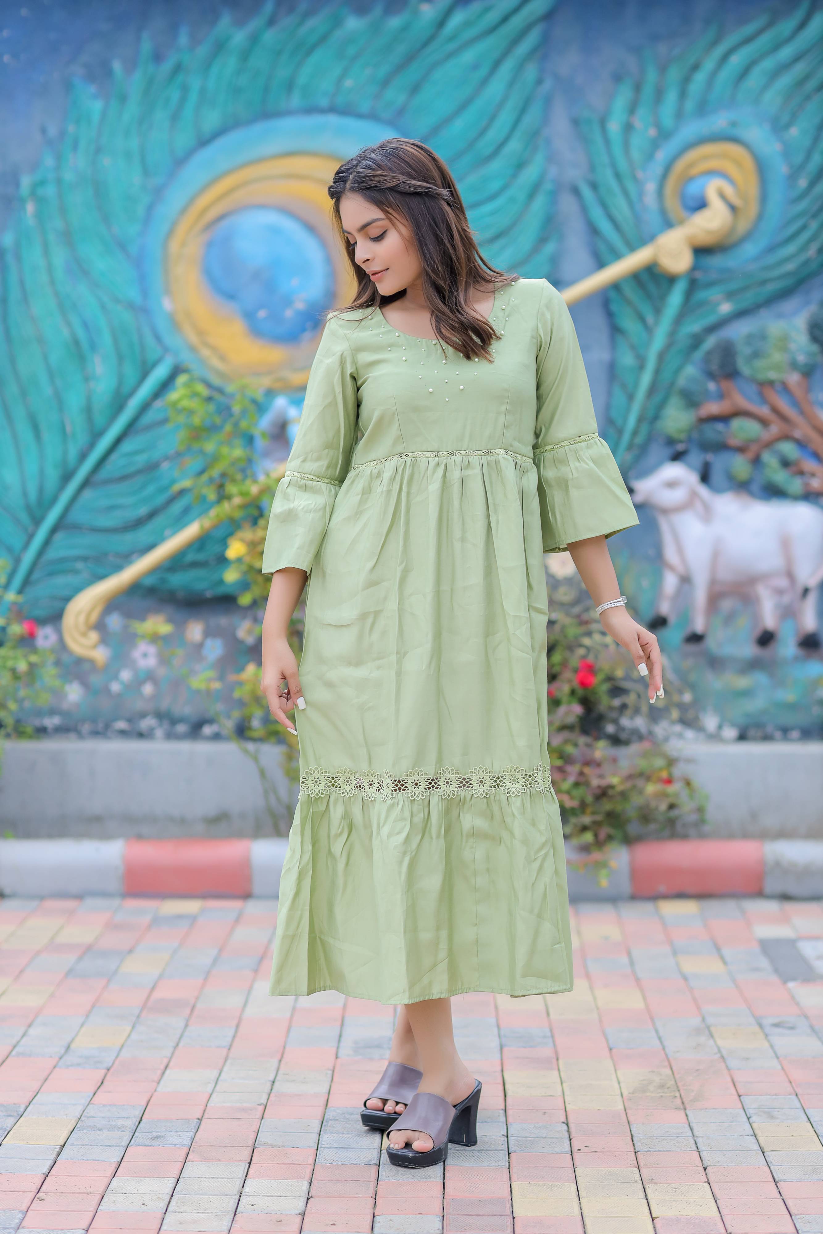 Olive Green Balloon Sleeves Maxi Dress