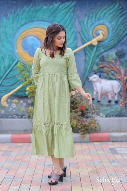 Olive Green Balloon Sleeves Maxi Dress