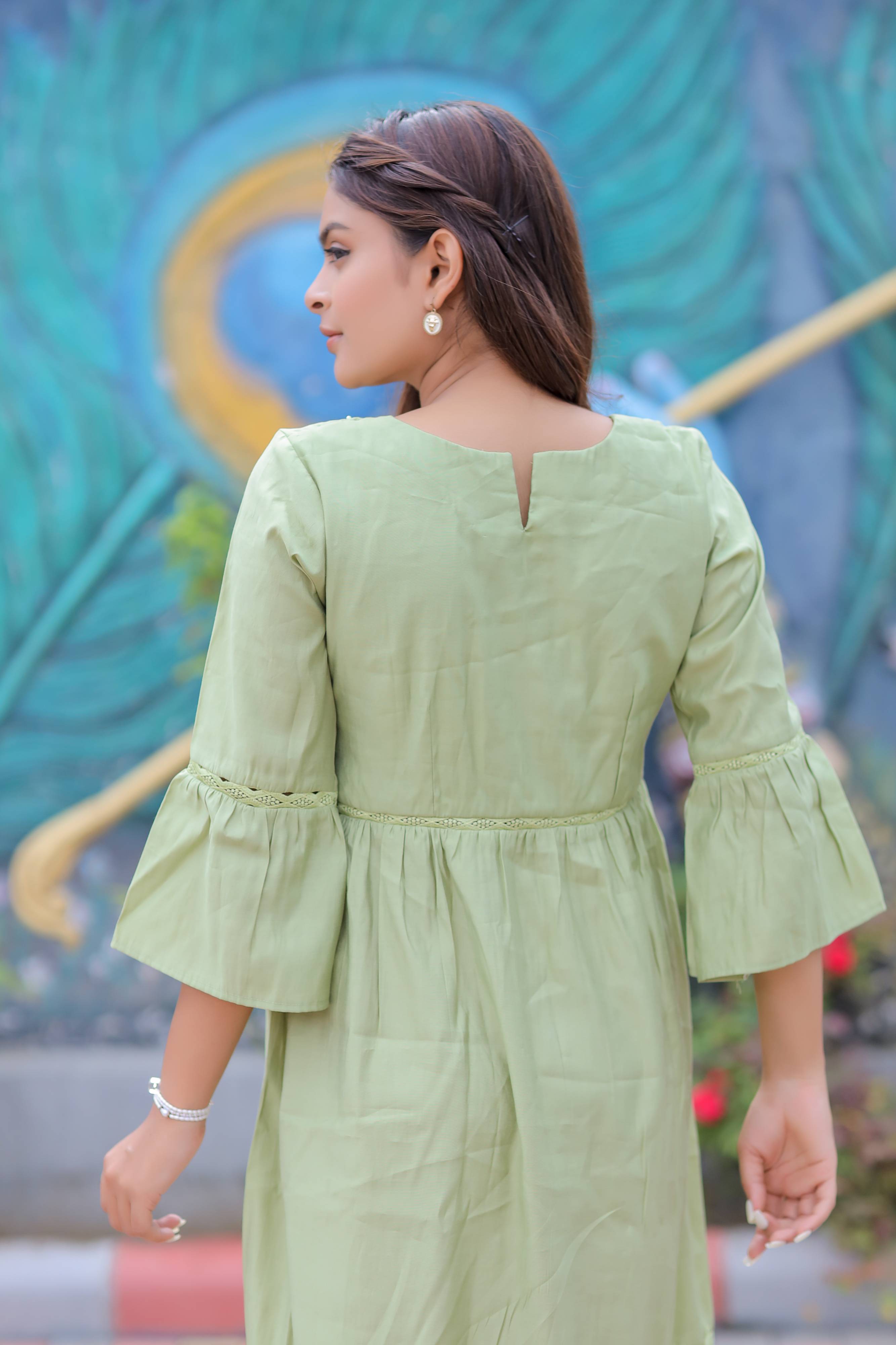 Olive Green Balloon Sleeves Maxi Dress