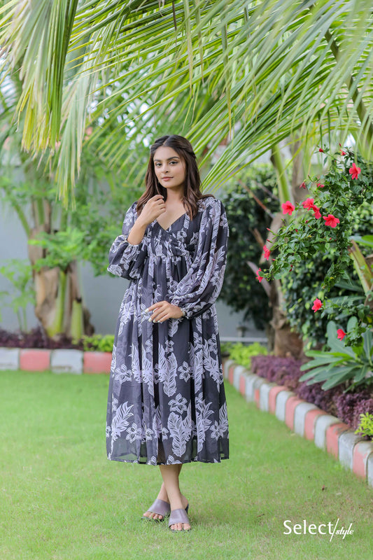 Black Floral Print Georgette Maxi Dress