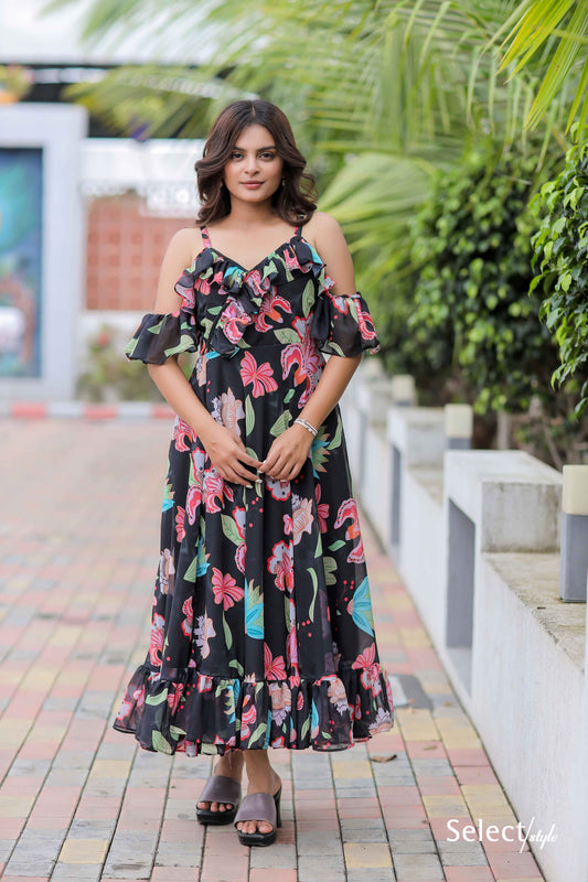 Black Floral Print Maxi Dress