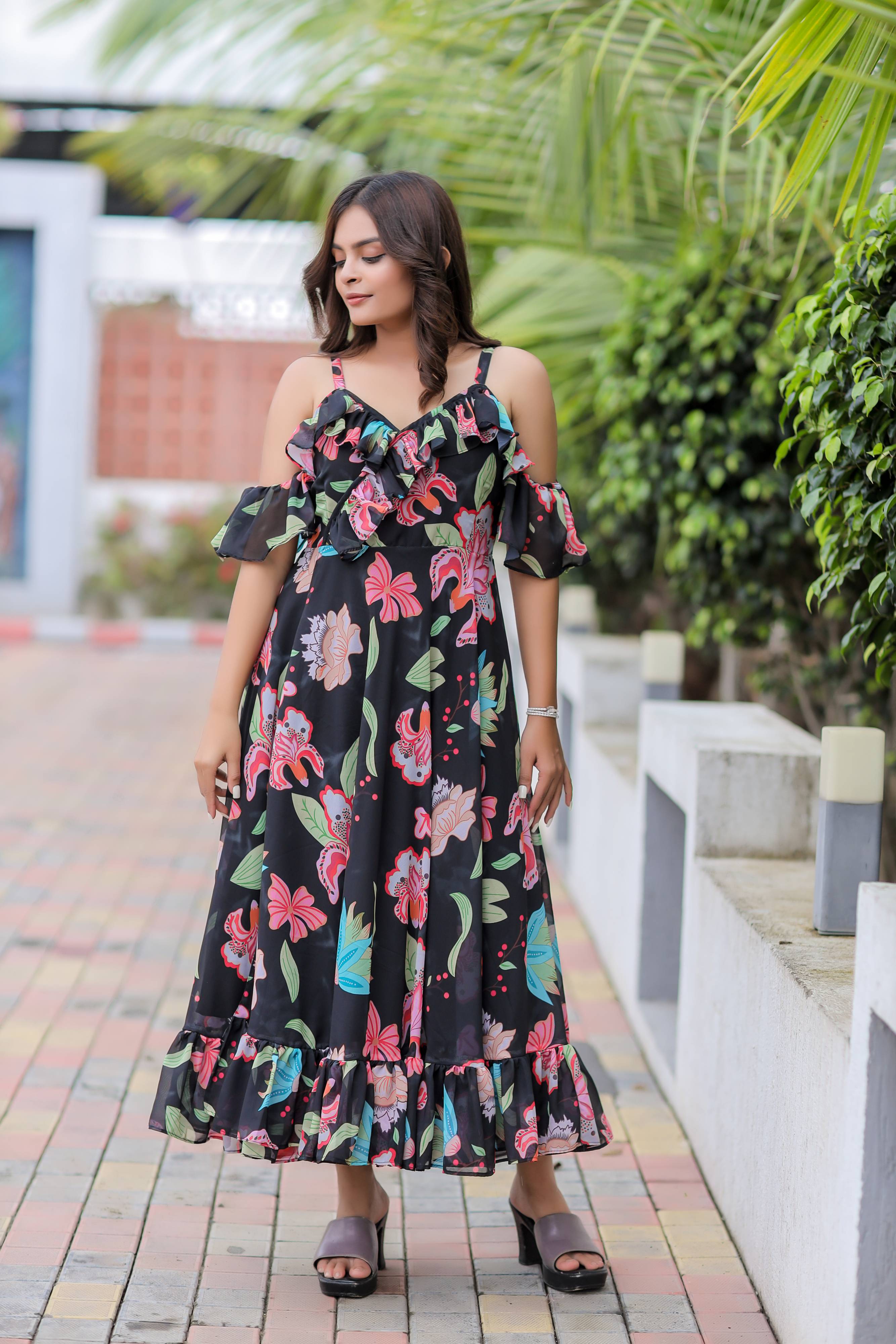 Black Floral Print Maxi Dress