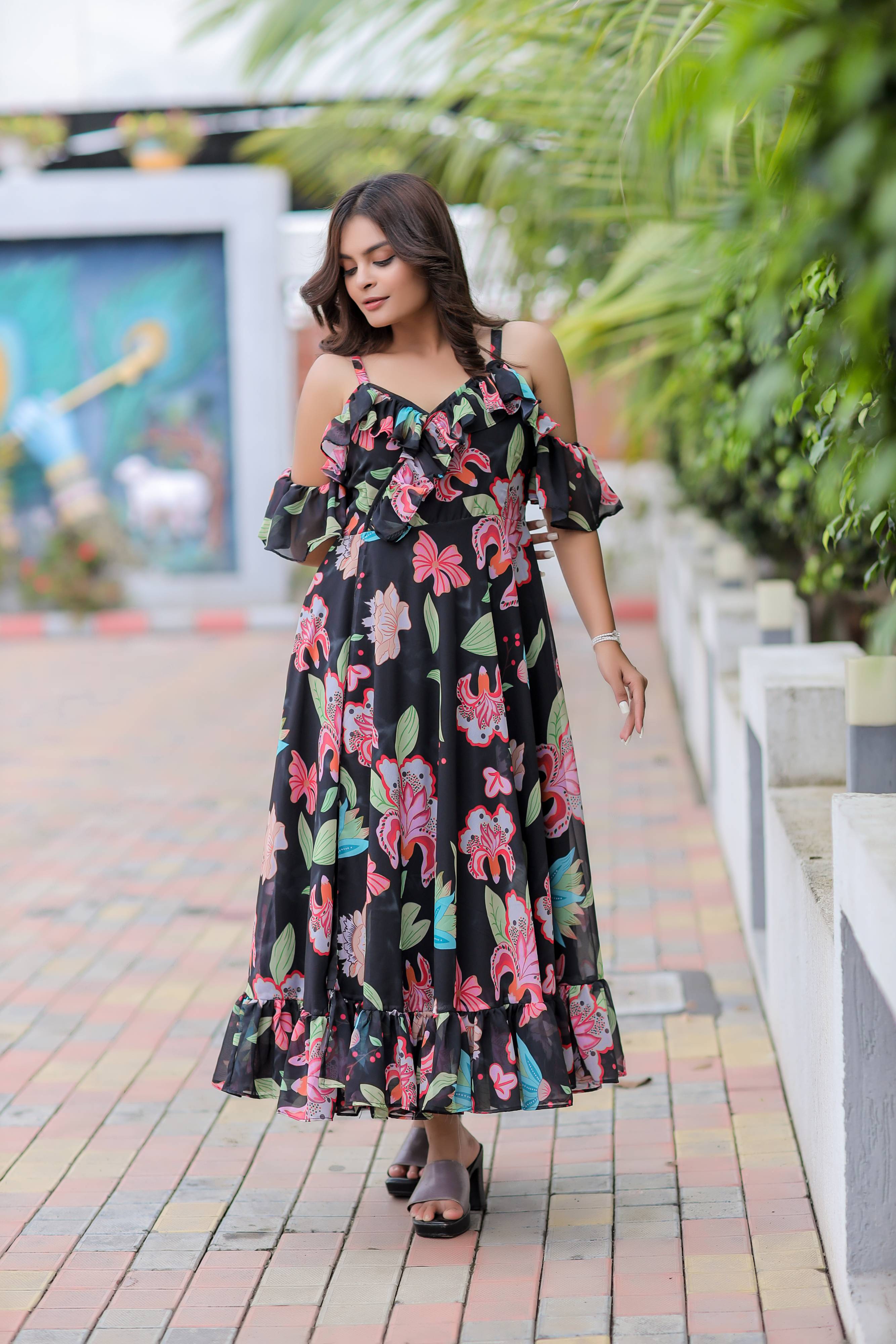 Black Floral Print Maxi Dress