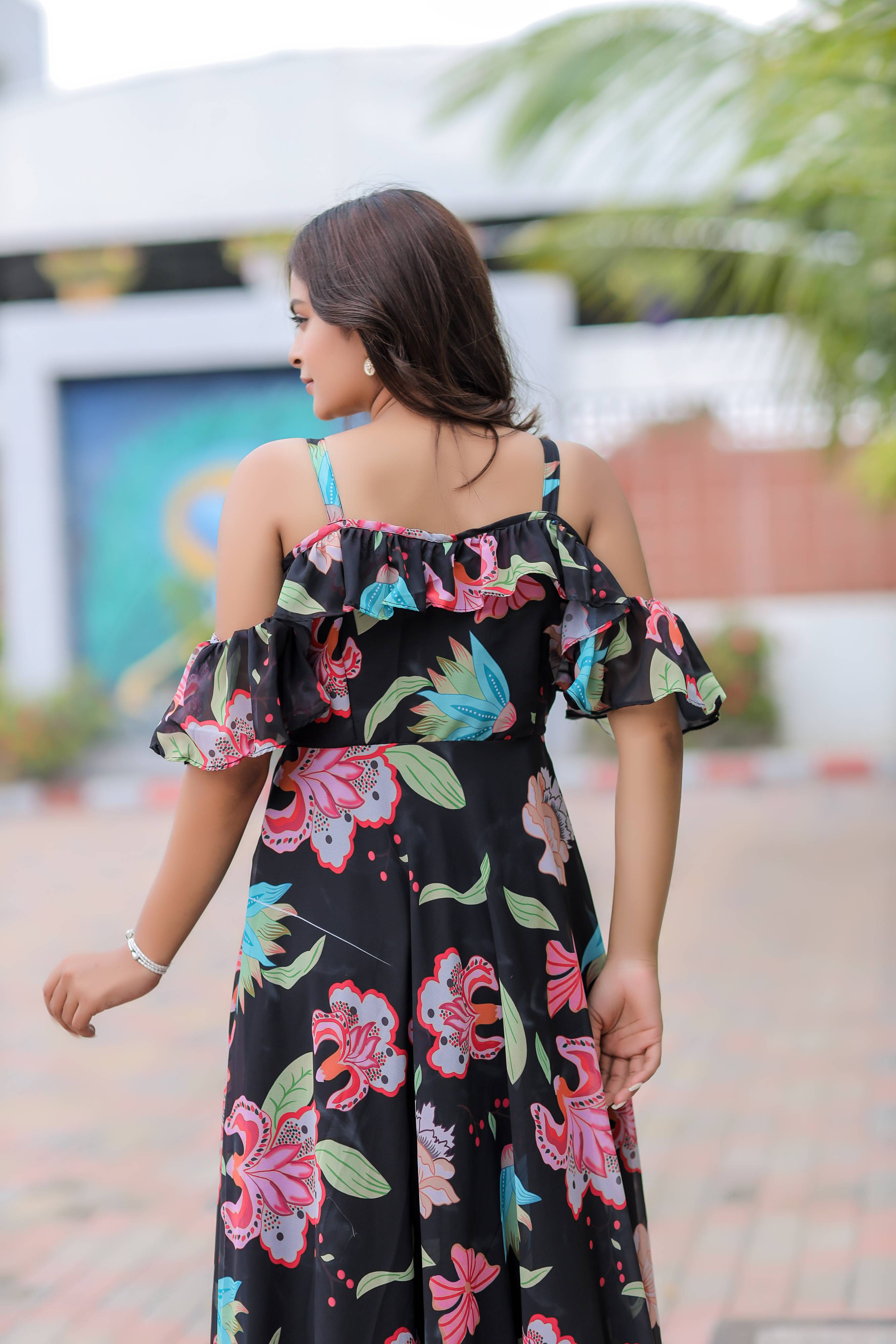 Black Floral Print Maxi Dress