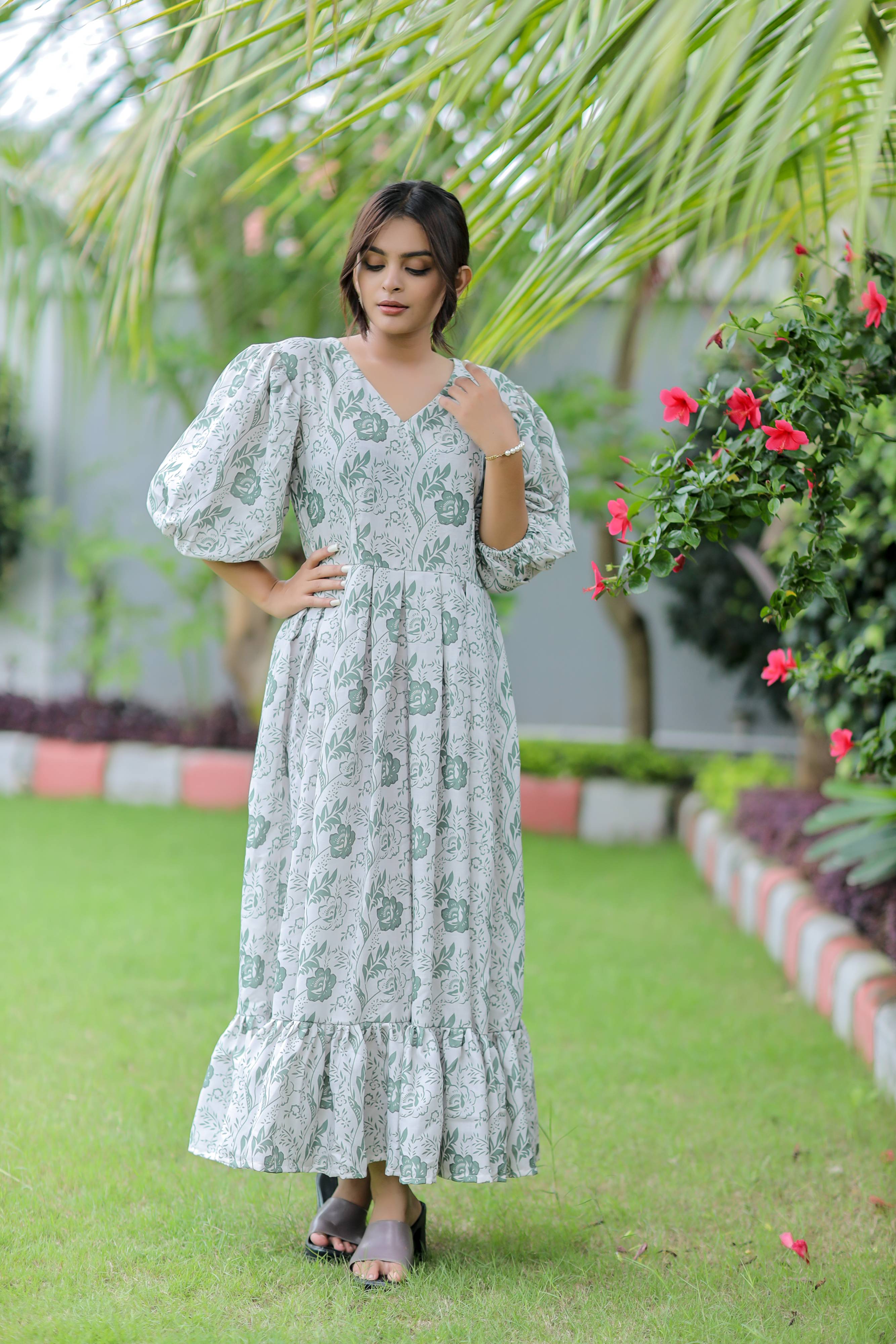 White Floral Print Linen Cotton Dress