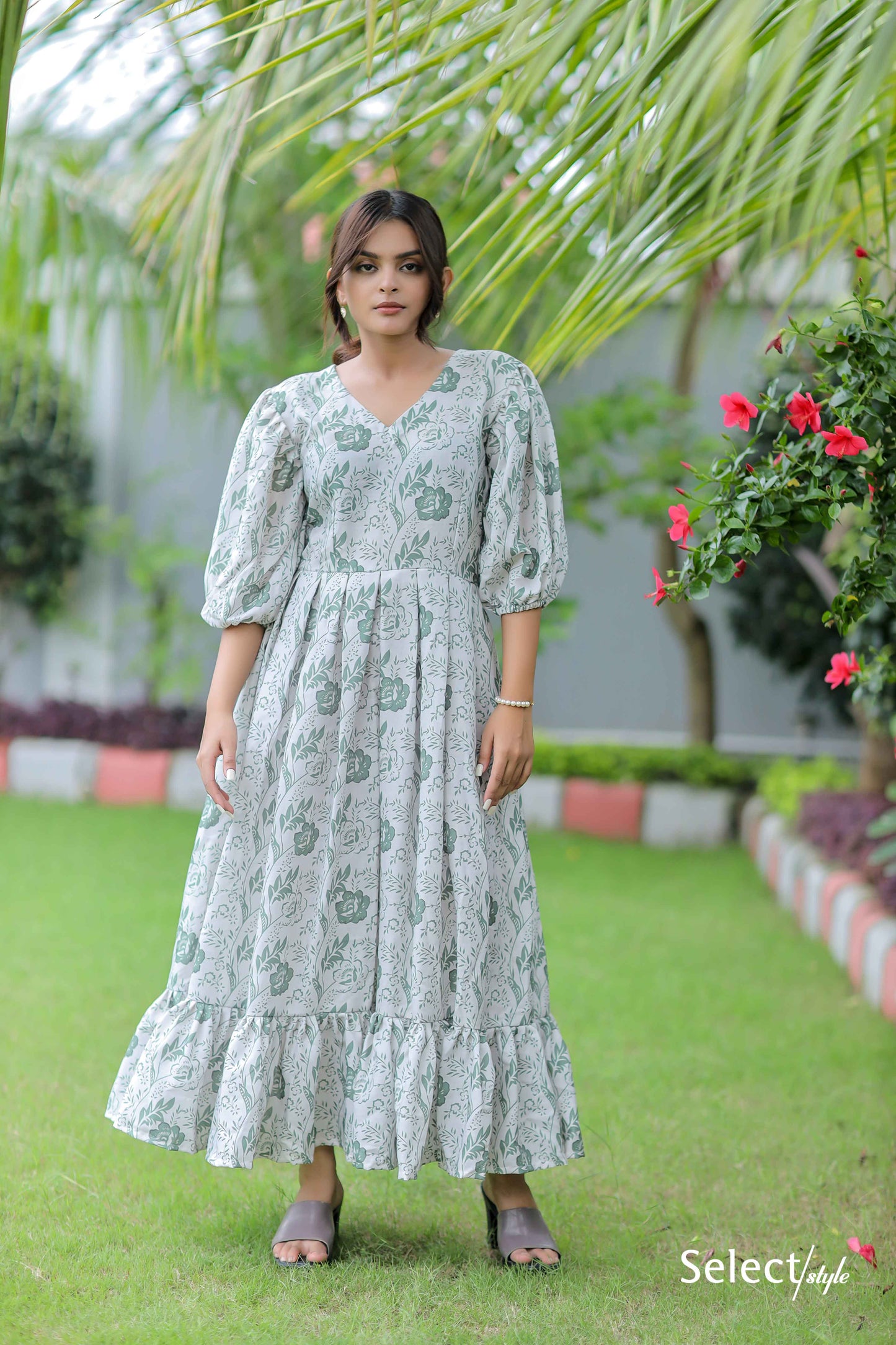 White Floral Print Linen Cotton Dress