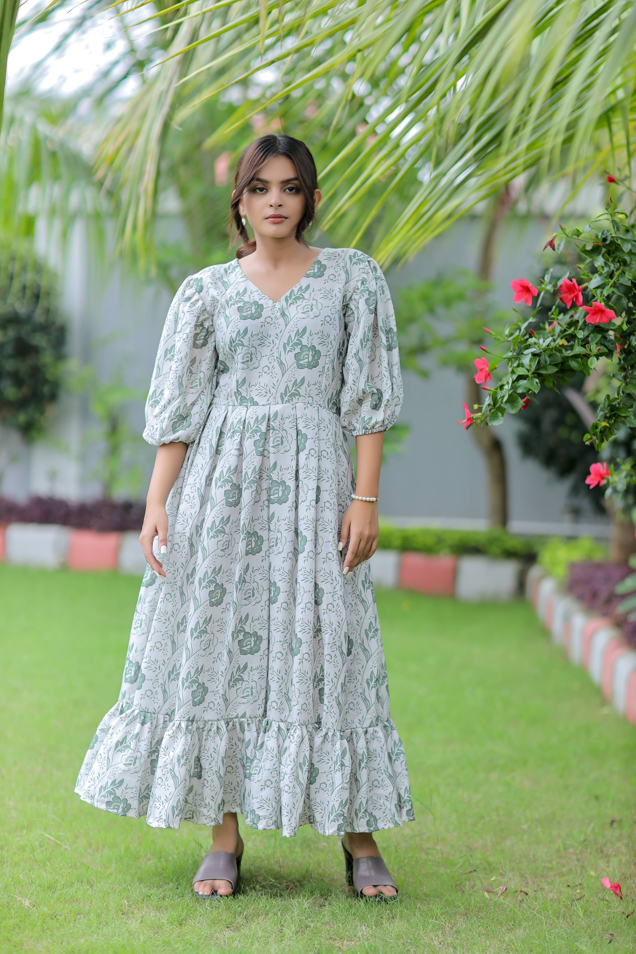 White Floral Print Linen Cotton Dress