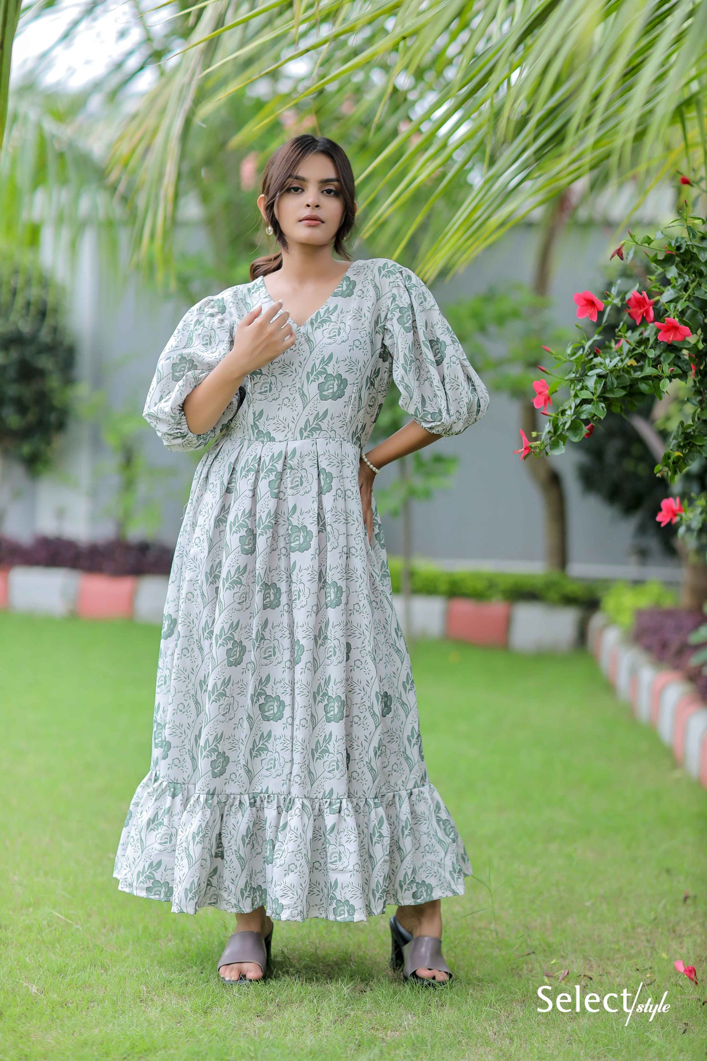 White Floral Print Linen Cotton Dress