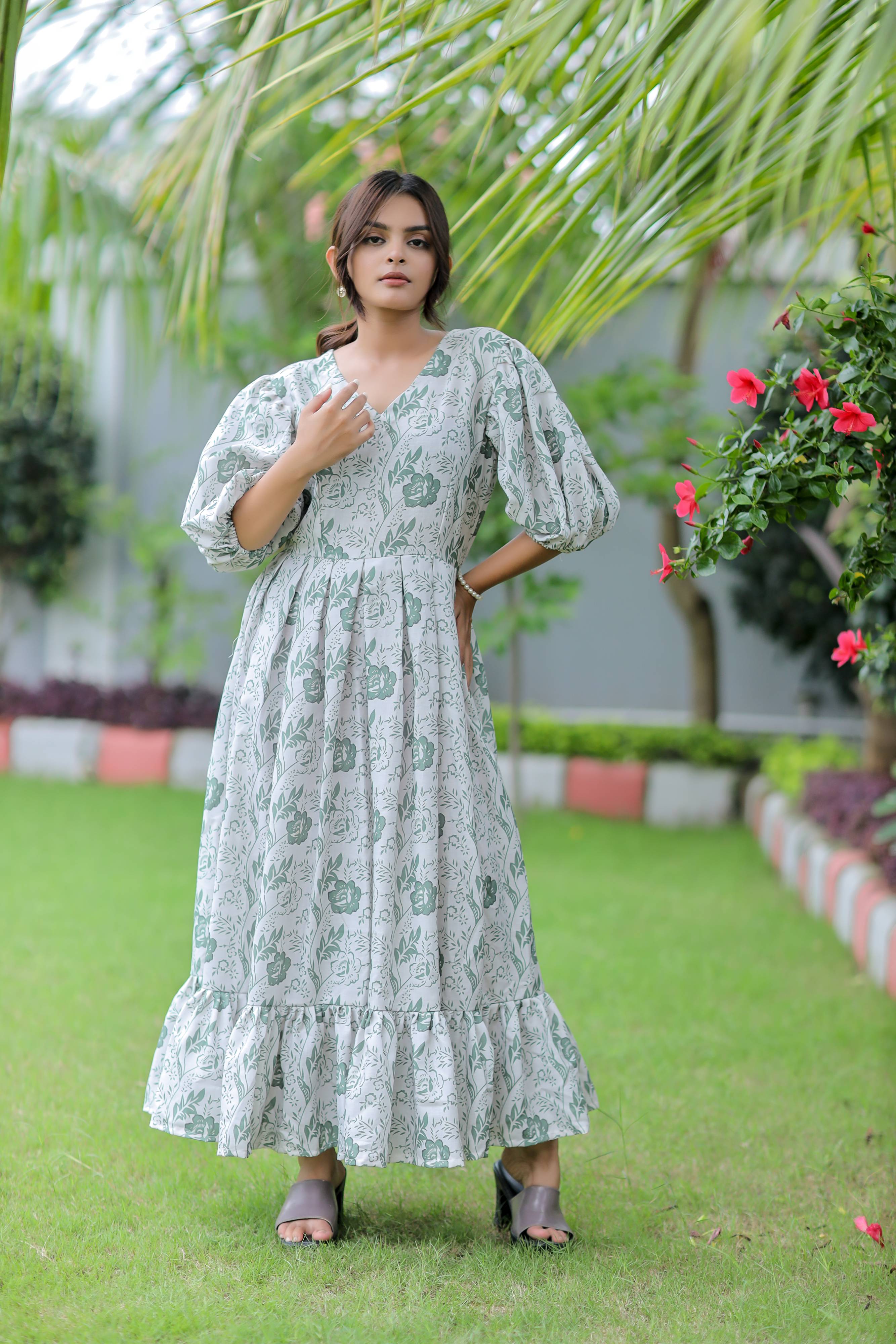 White Floral Print Linen Cotton Dress