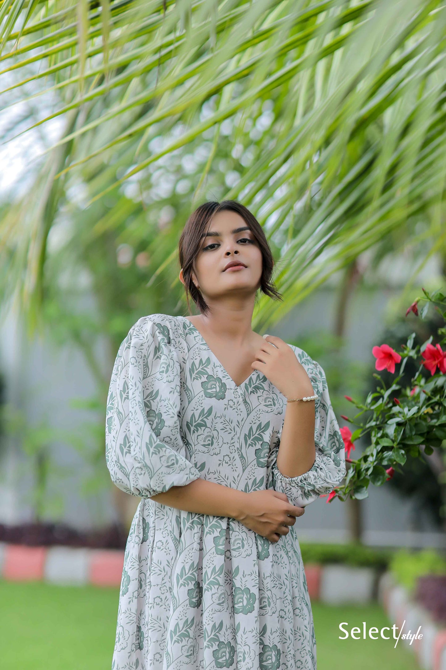 White Floral Print Linen Cotton Dress