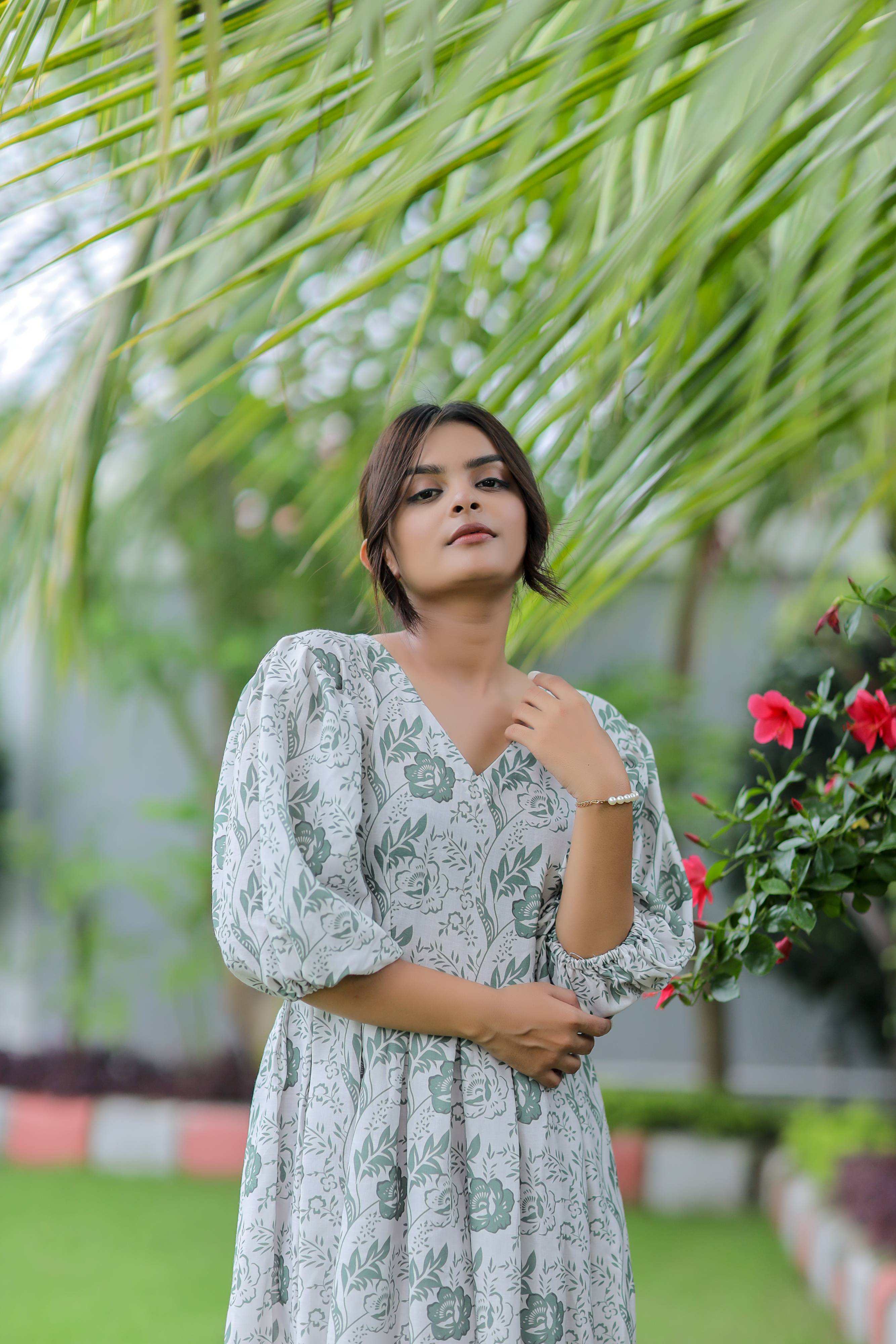 White Floral Print Linen Cotton Dress