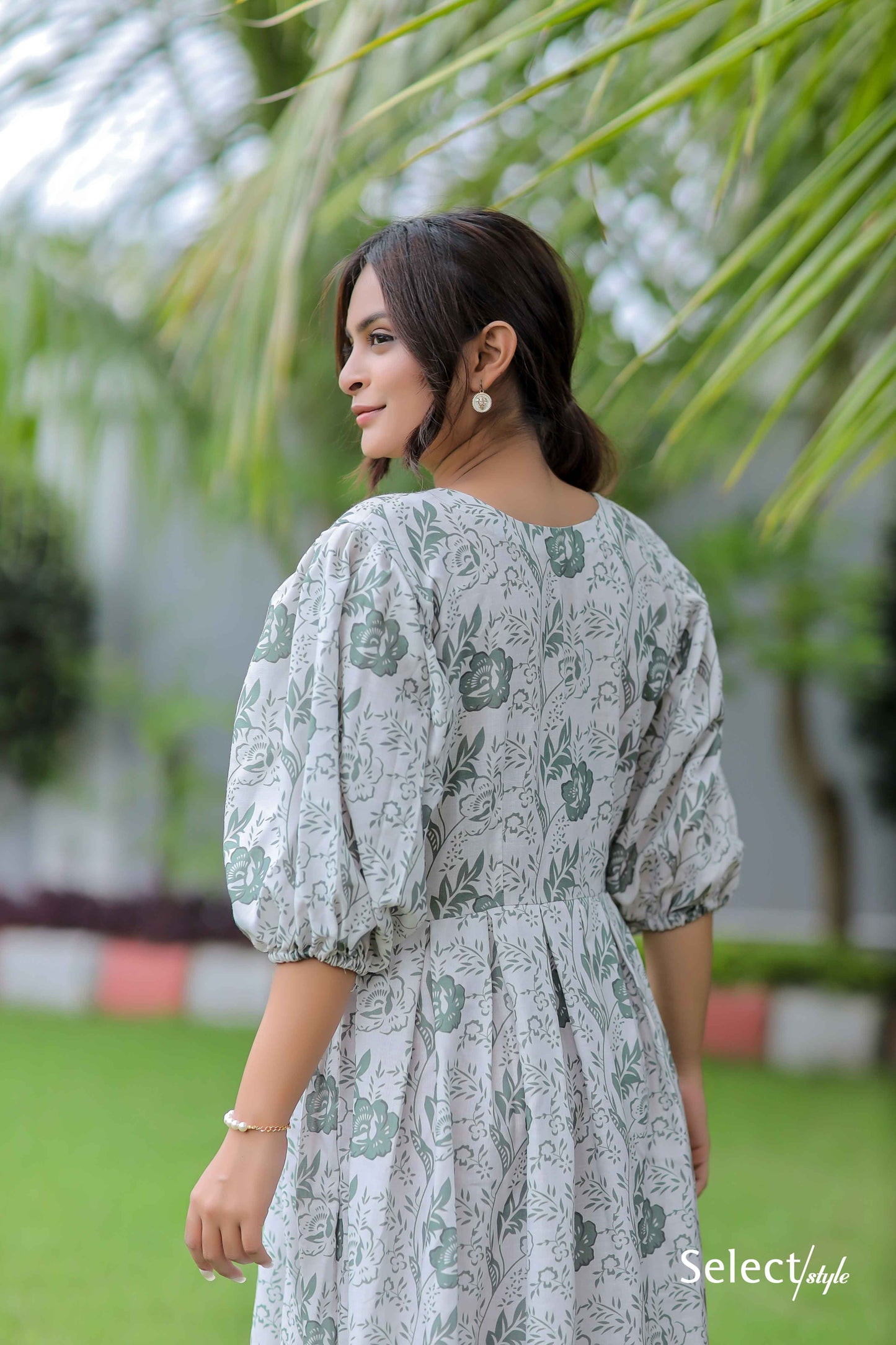 White Floral Print Linen Cotton Dress