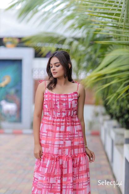 Pink Checks Printed Maxi Dress