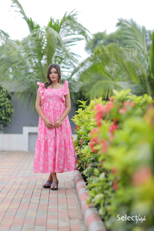 Baby Pink Floral Print Linen Cotton Dress