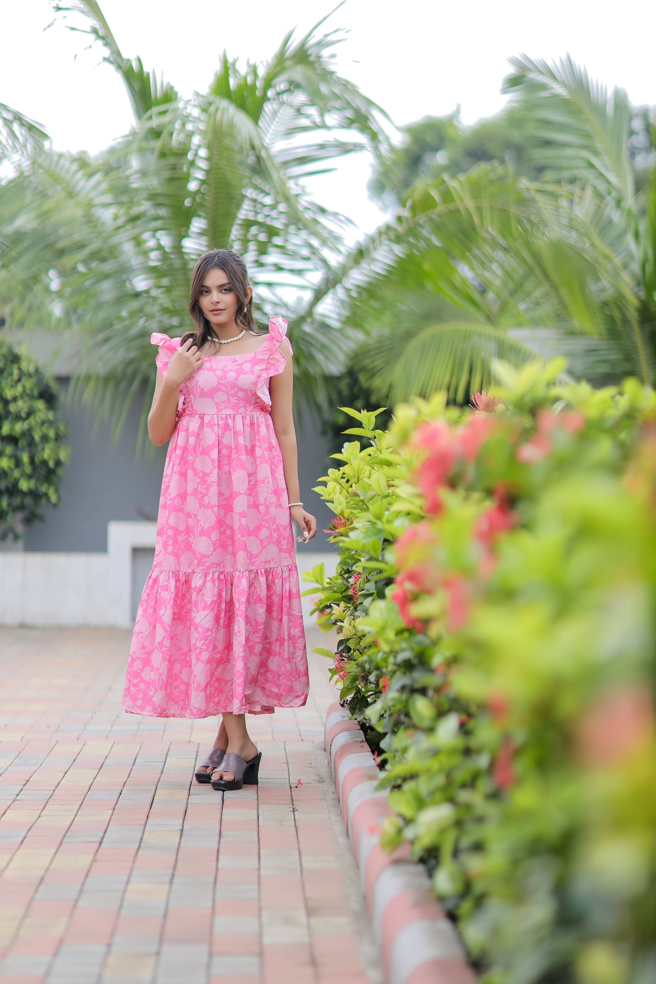 Baby Pink Floral Print Linen Cotton Dress