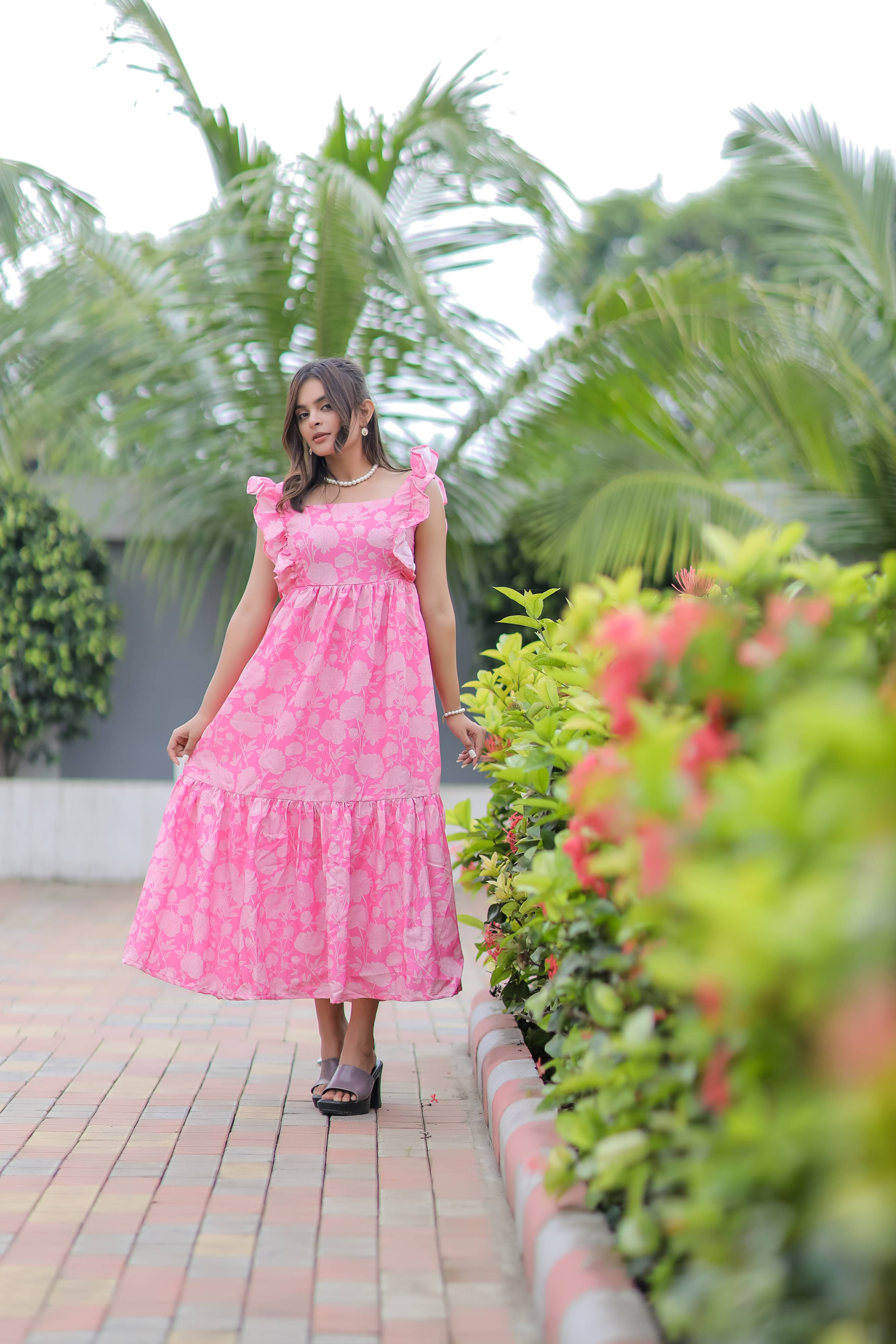 Baby Pink Floral Print Linen Cotton Dress