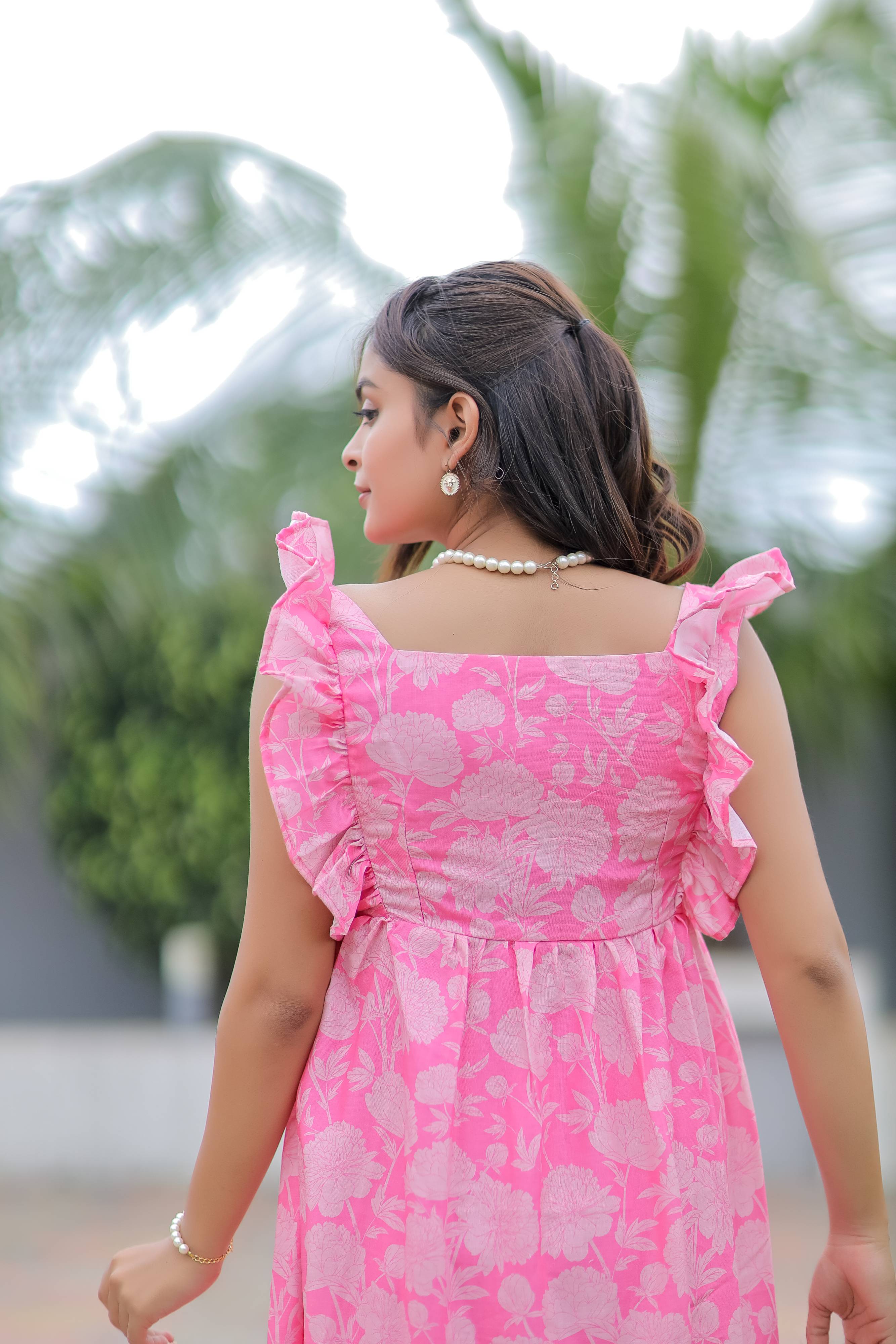 Baby Pink Floral Print Linen Cotton Dress