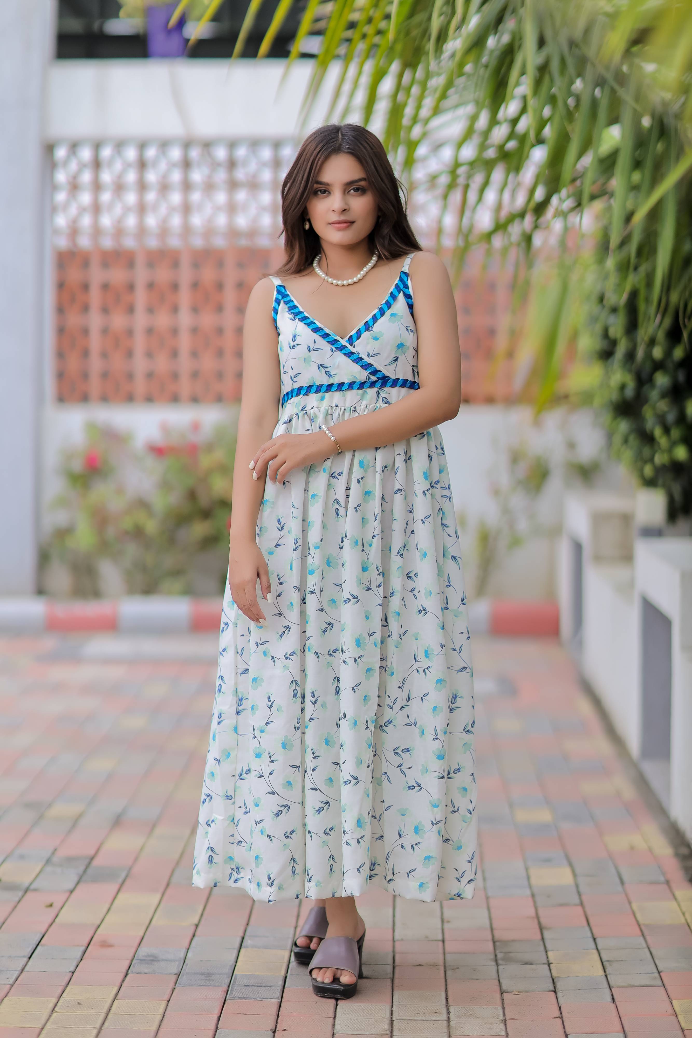 White Printed Linen Cotton Dress