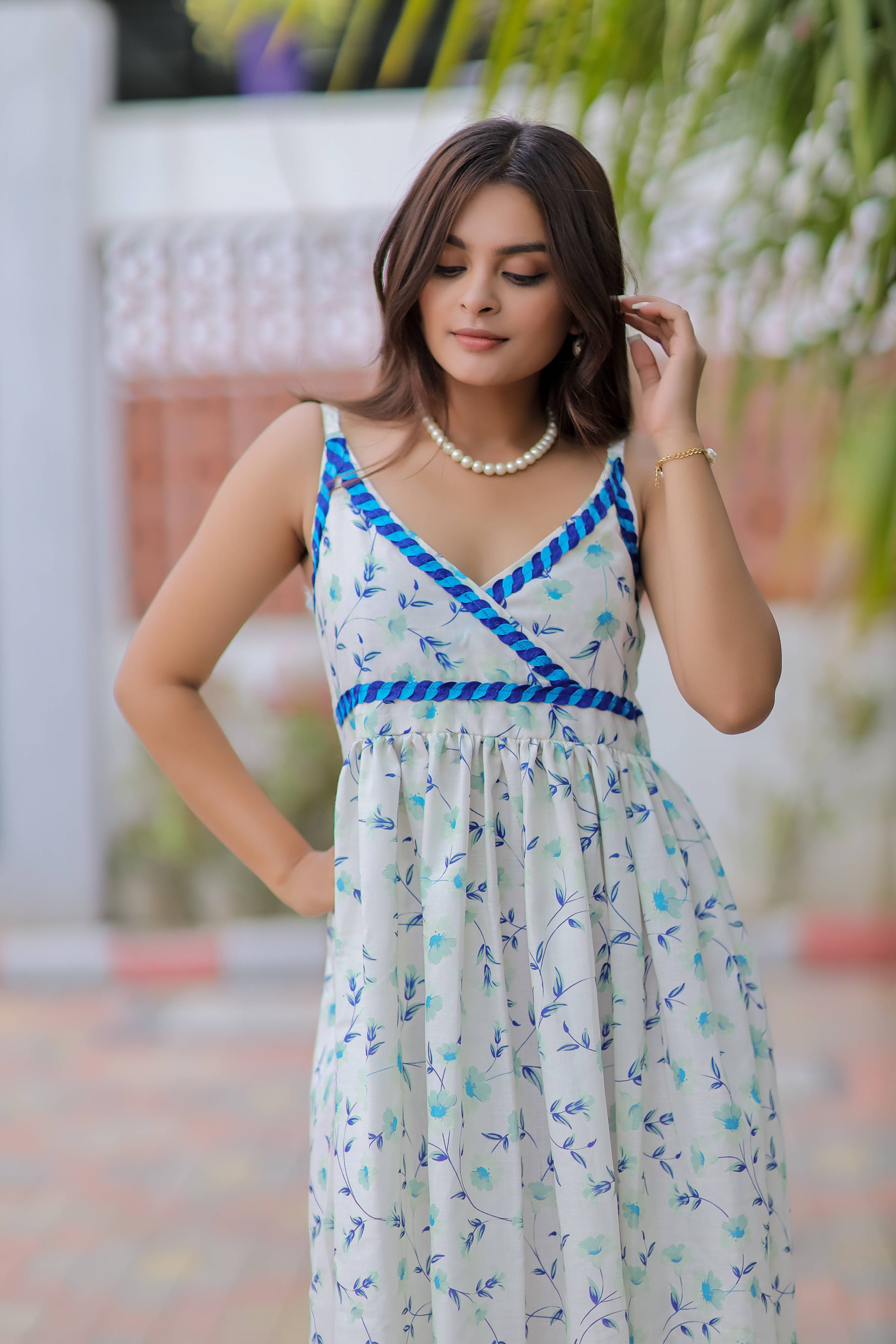 White Printed Linen Cotton Dress