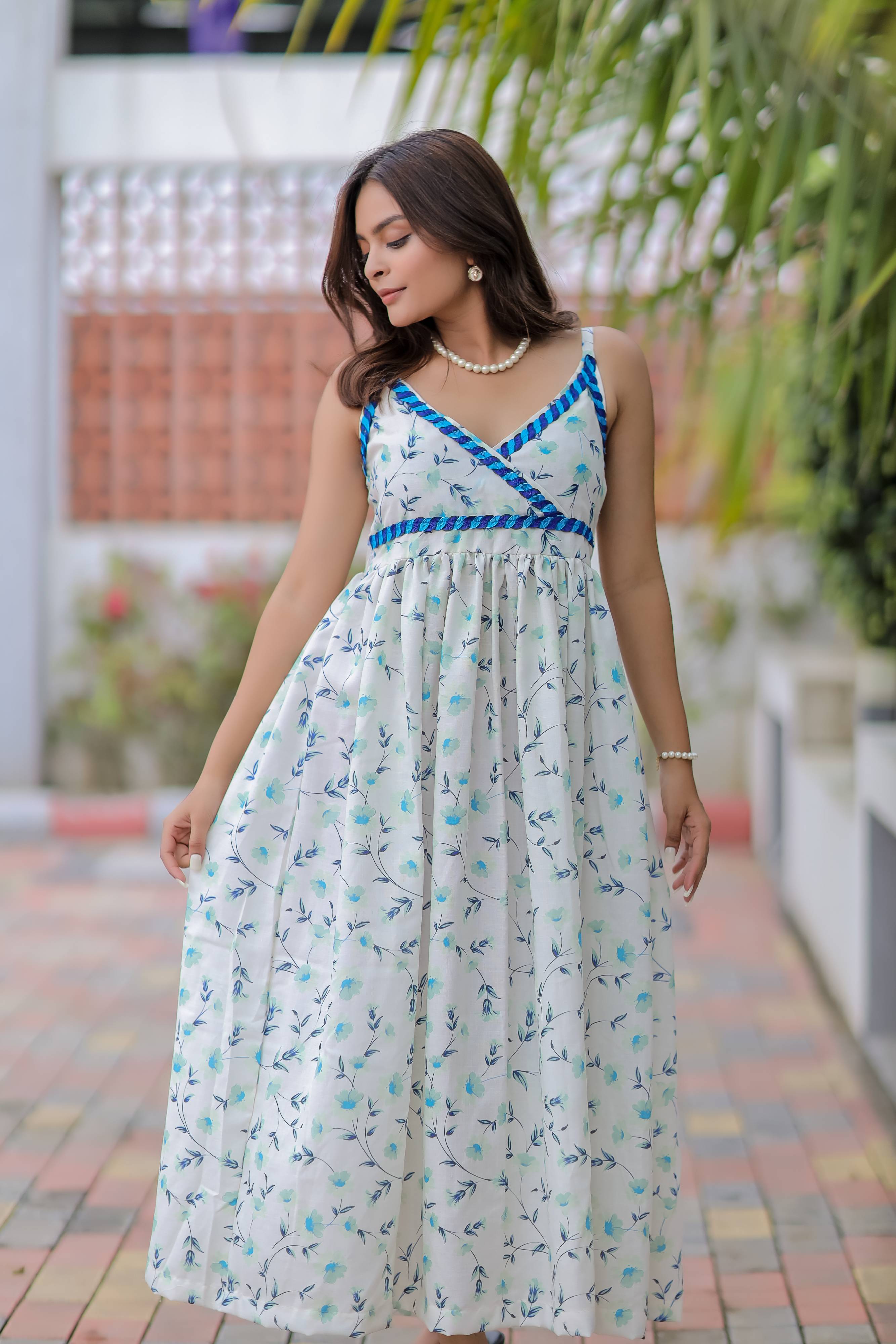 White Printed Linen Cotton Dress