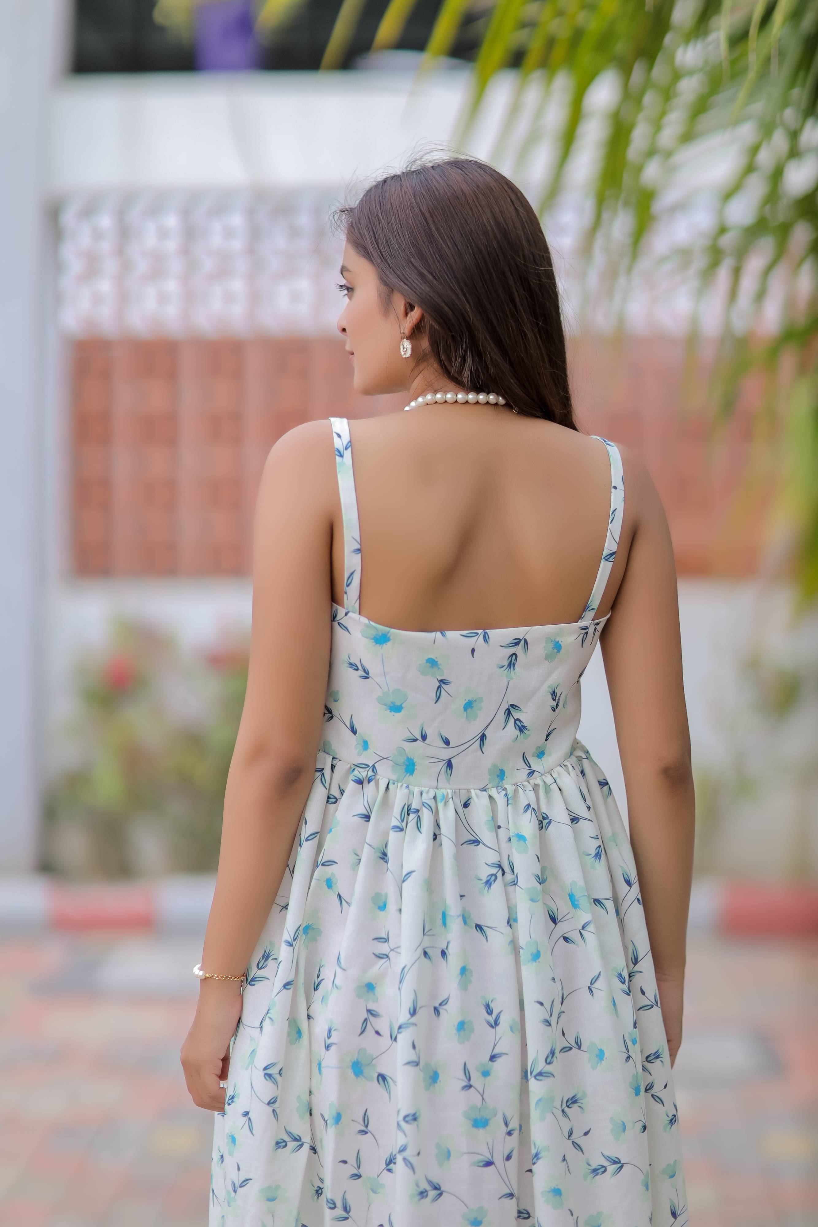 White Printed Linen Cotton Dress