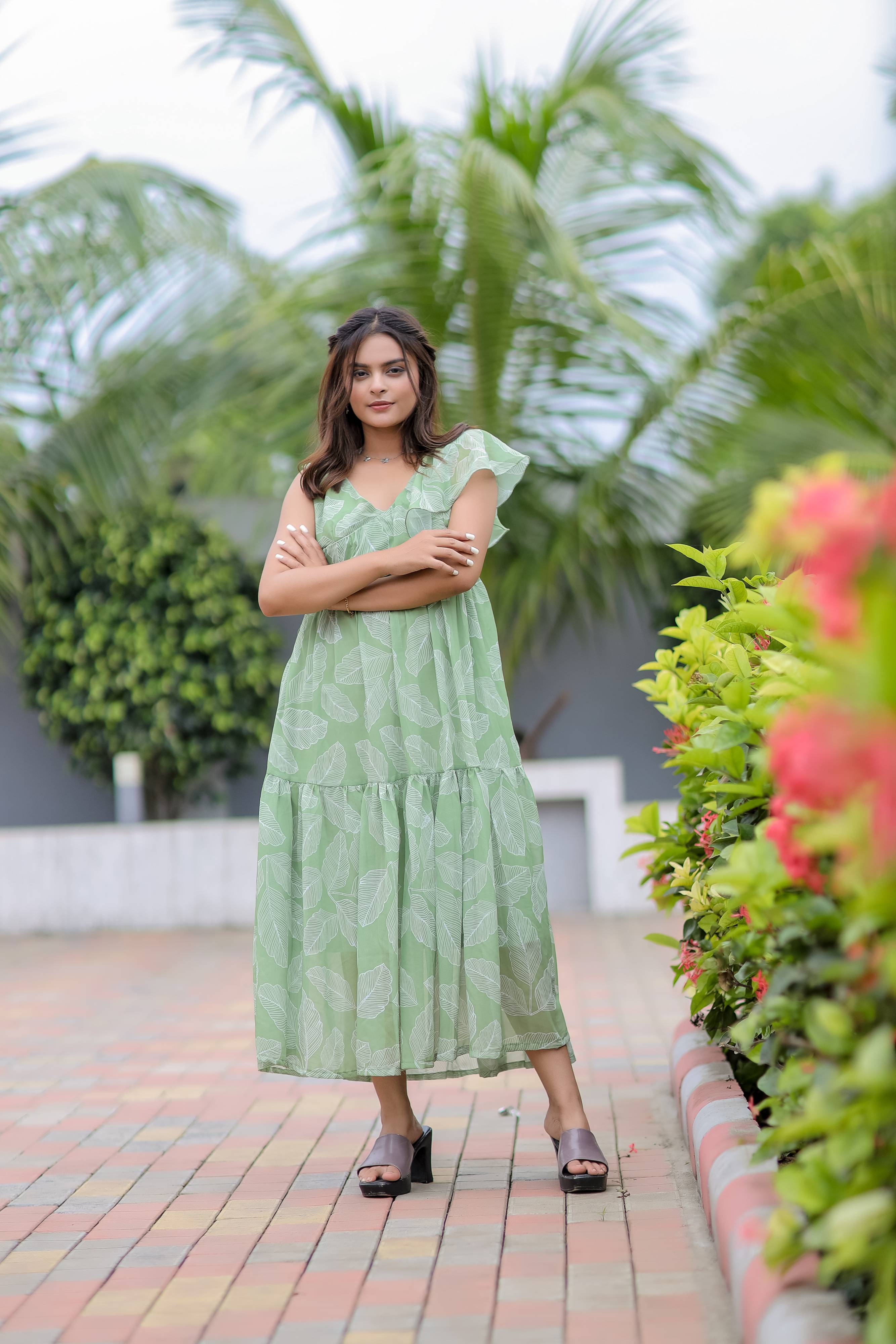 Light Green Georgette Print Maxi Dress