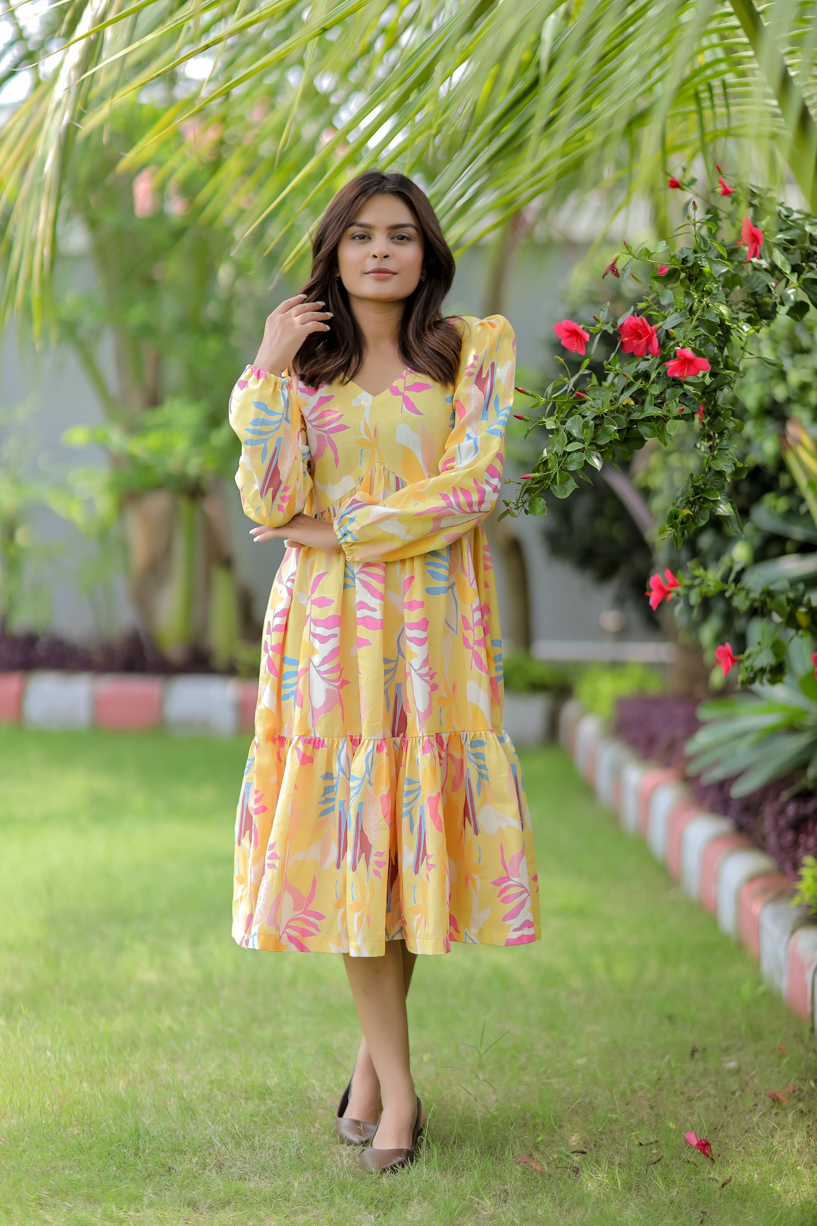 Abstract Print Yellow Maxi Dress