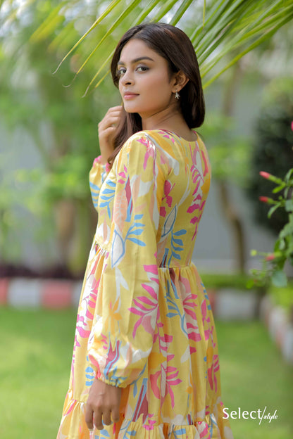 Abstract Print Yellow Maxi Dress