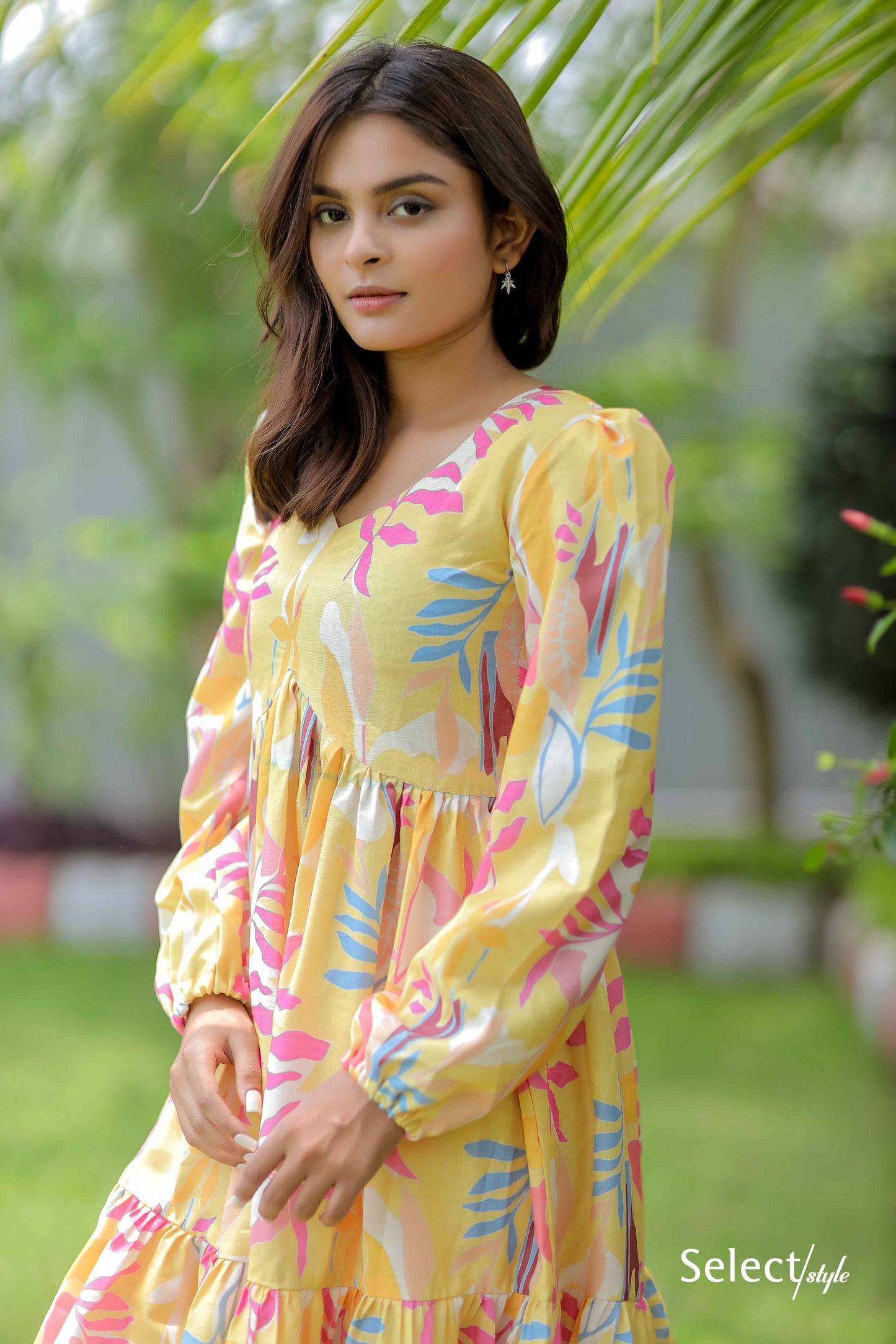 Abstract Print Yellow Maxi Dress