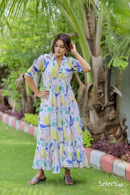 Printed Georgette White Maxi Dress