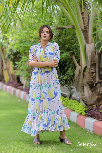 Printed Georgette White Maxi Dress