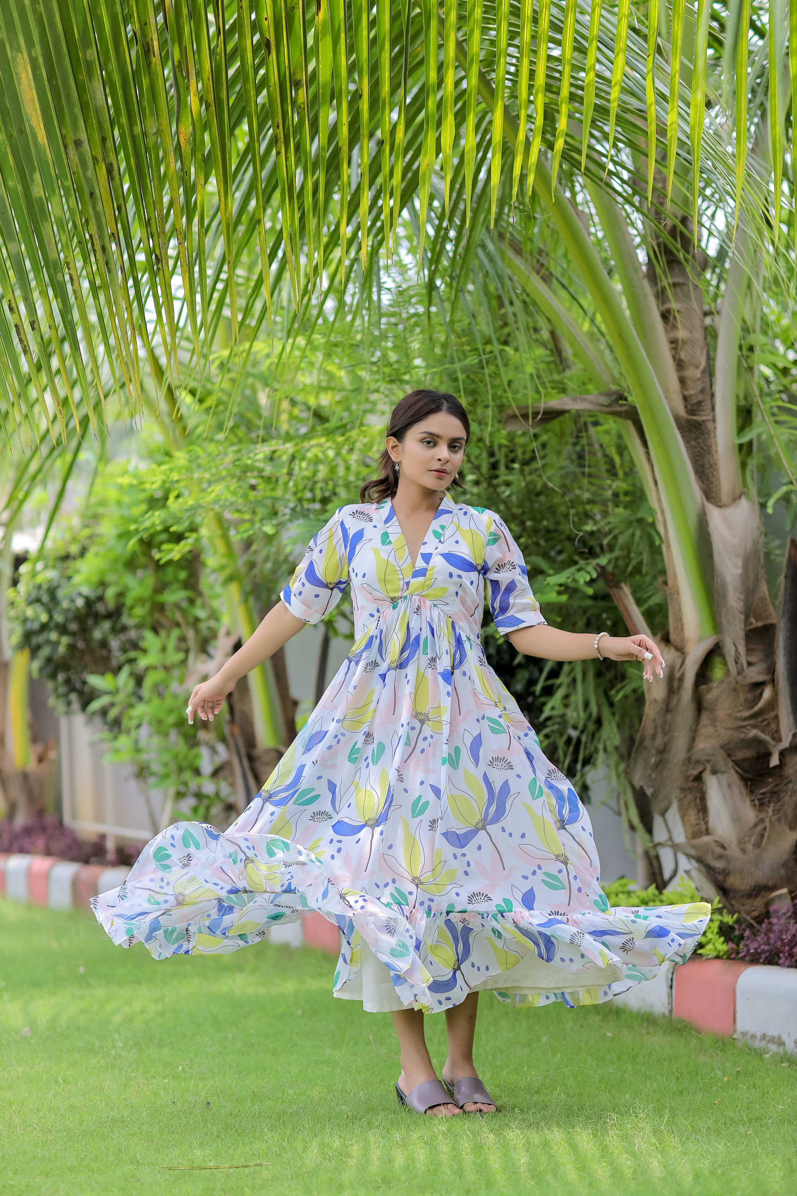 Printed Georgette White Maxi Dress